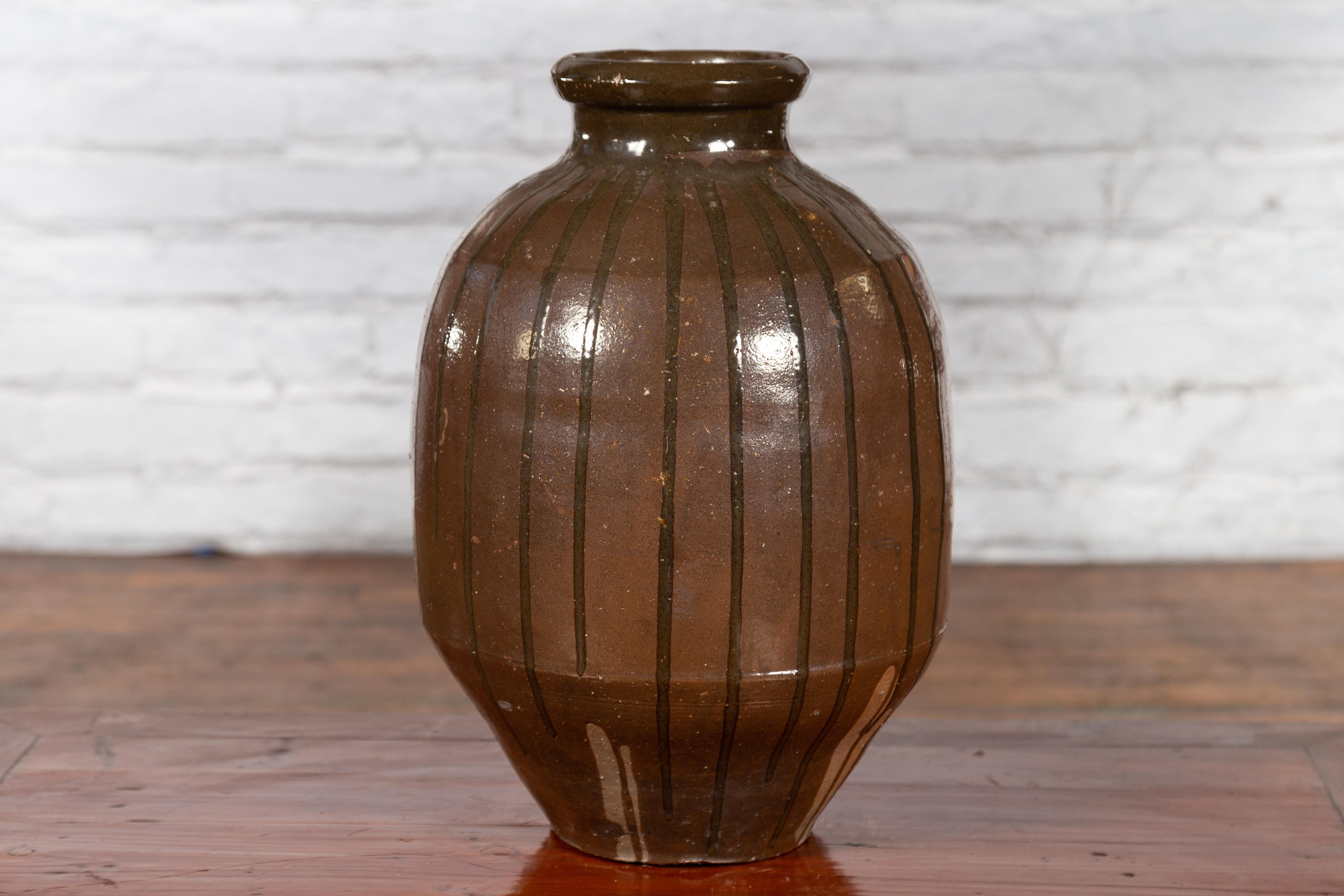 Japanese 19th Century Brown Glazed Tamba Tachikui Ware Pottery with Dripping 2
