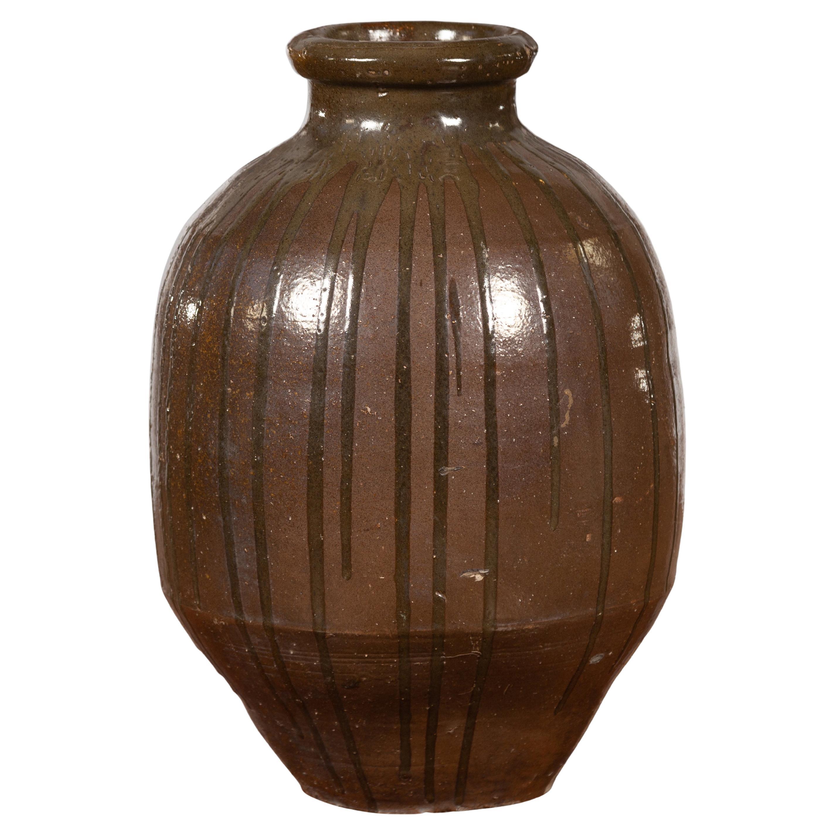 Japanese 19th Century Brown Glazed Tamba Tachikui Ware Pottery with Dripping