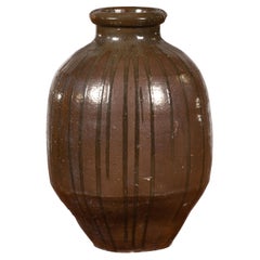 Japanese 19th Century Brown Glazed Tamba Tachikui Ware Pottery with Dripping