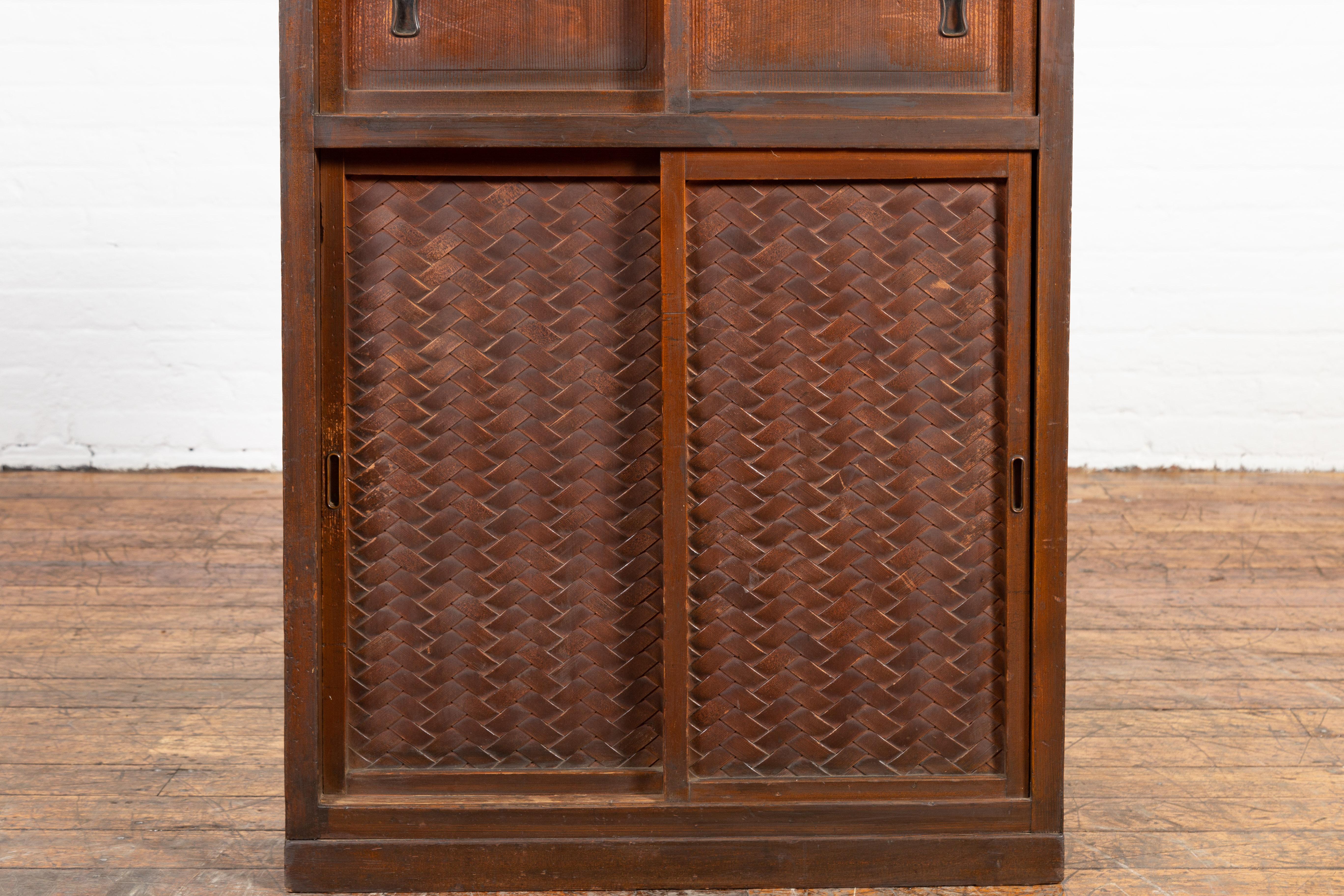 Wood Japanese 19th Century Cabinet with Sliding Doors and Woven Criss-Cross Design