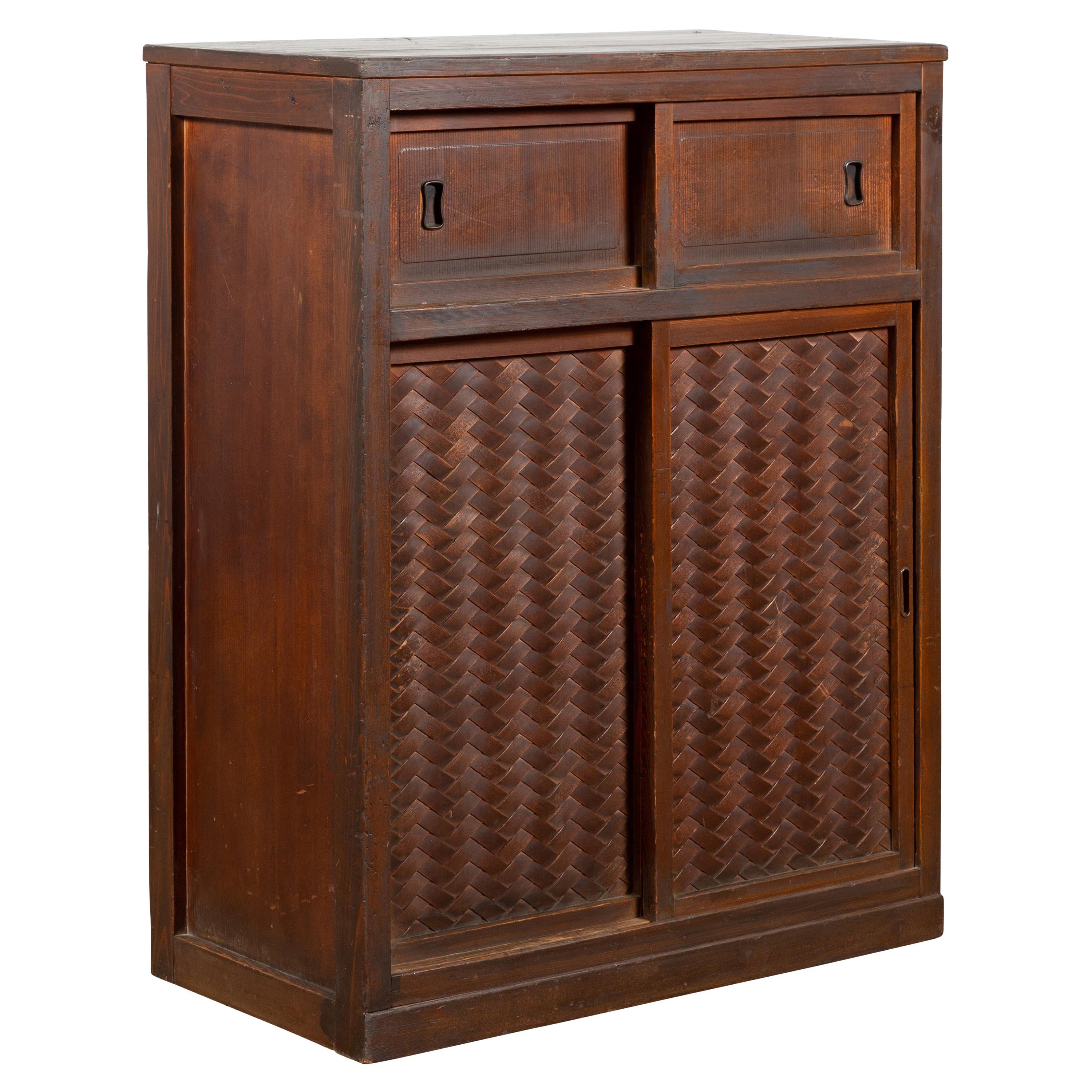 Japanese 19th Century Cabinet with Sliding Doors and Woven Criss-Cross Design