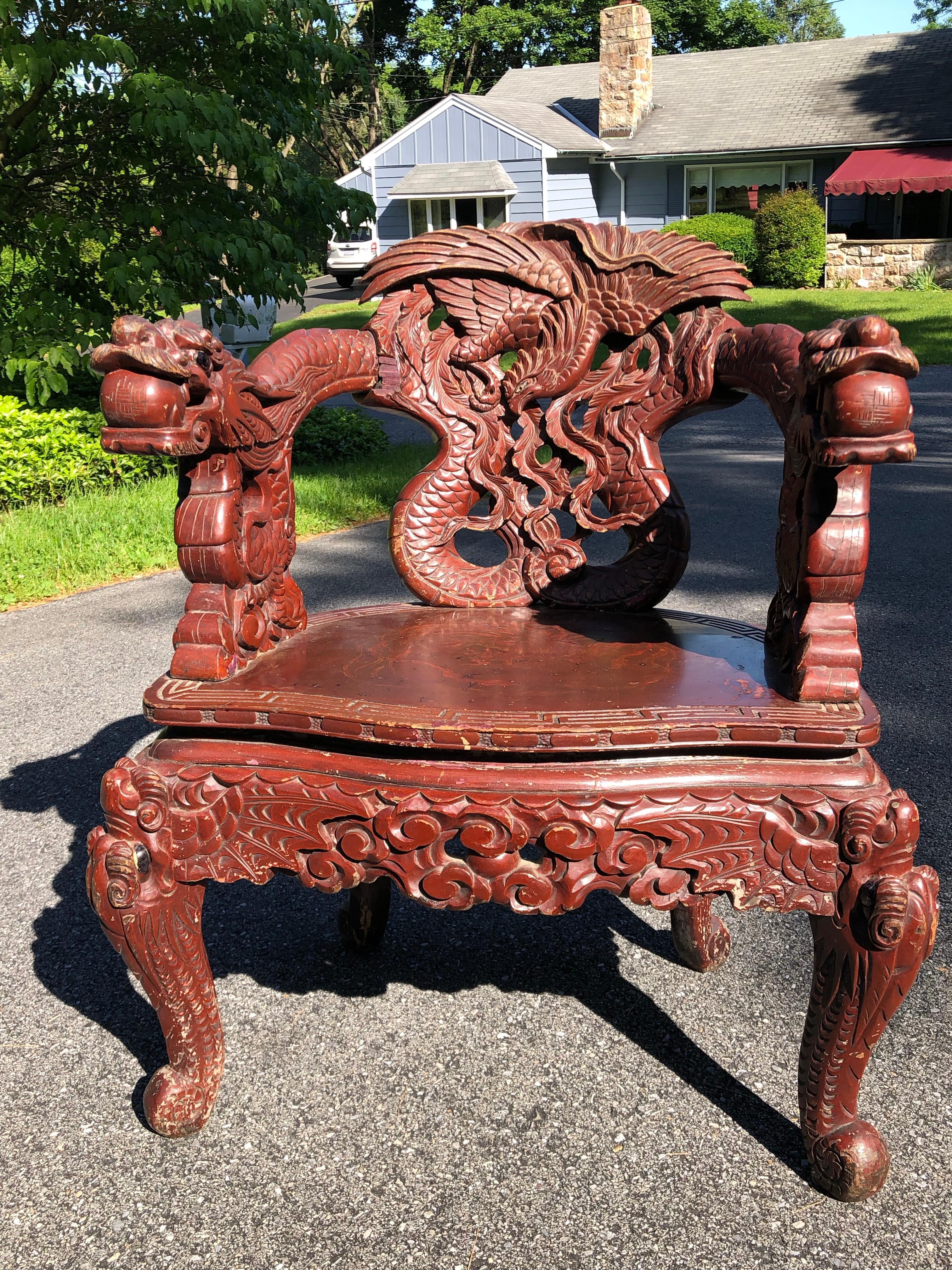 Japanese 19th Century Carved Dragon Chair Original Paint 4