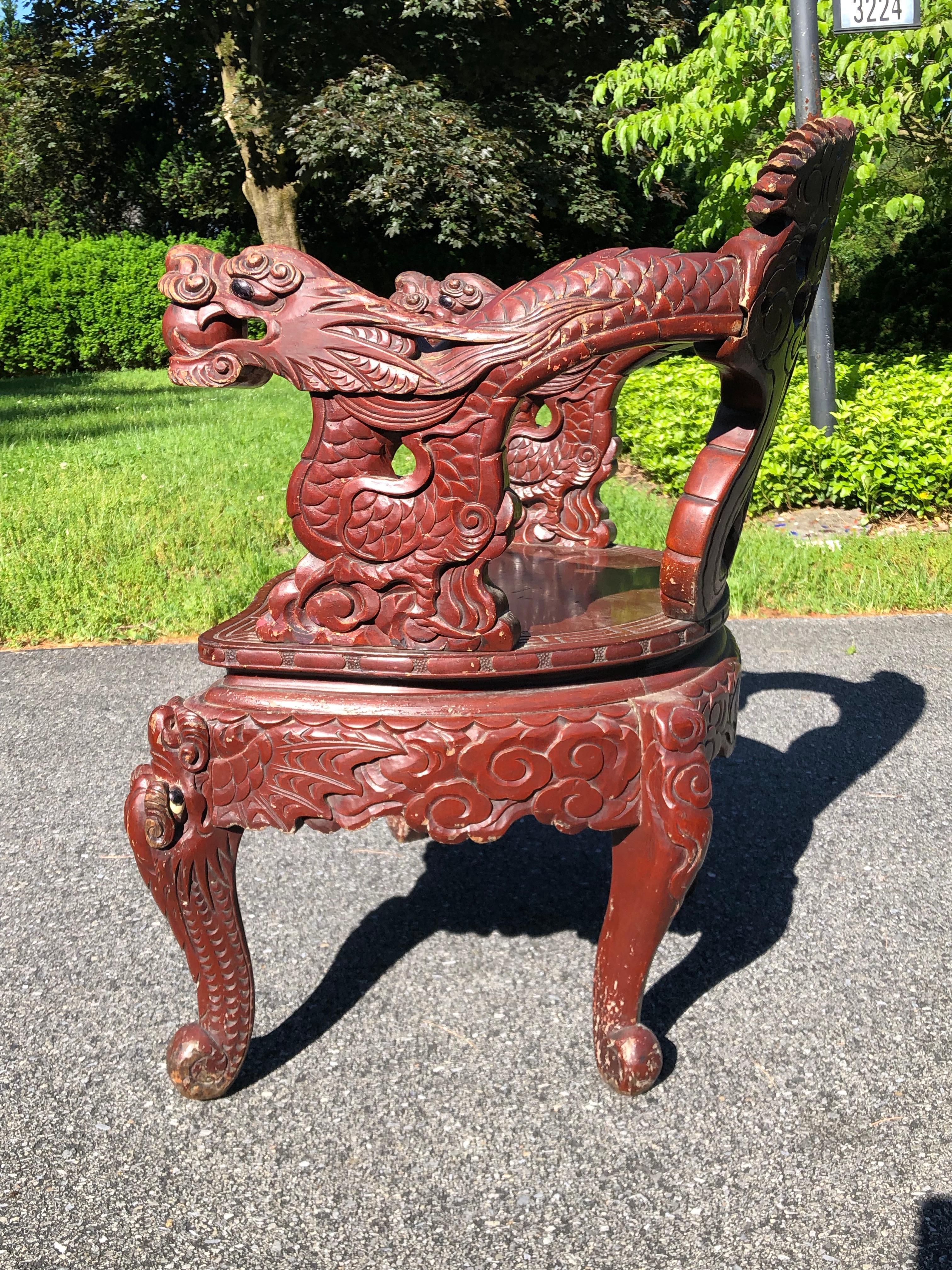 Japanese 19th Century Carved Dragon Chair Original Paint In Good Condition In Allentown, PA