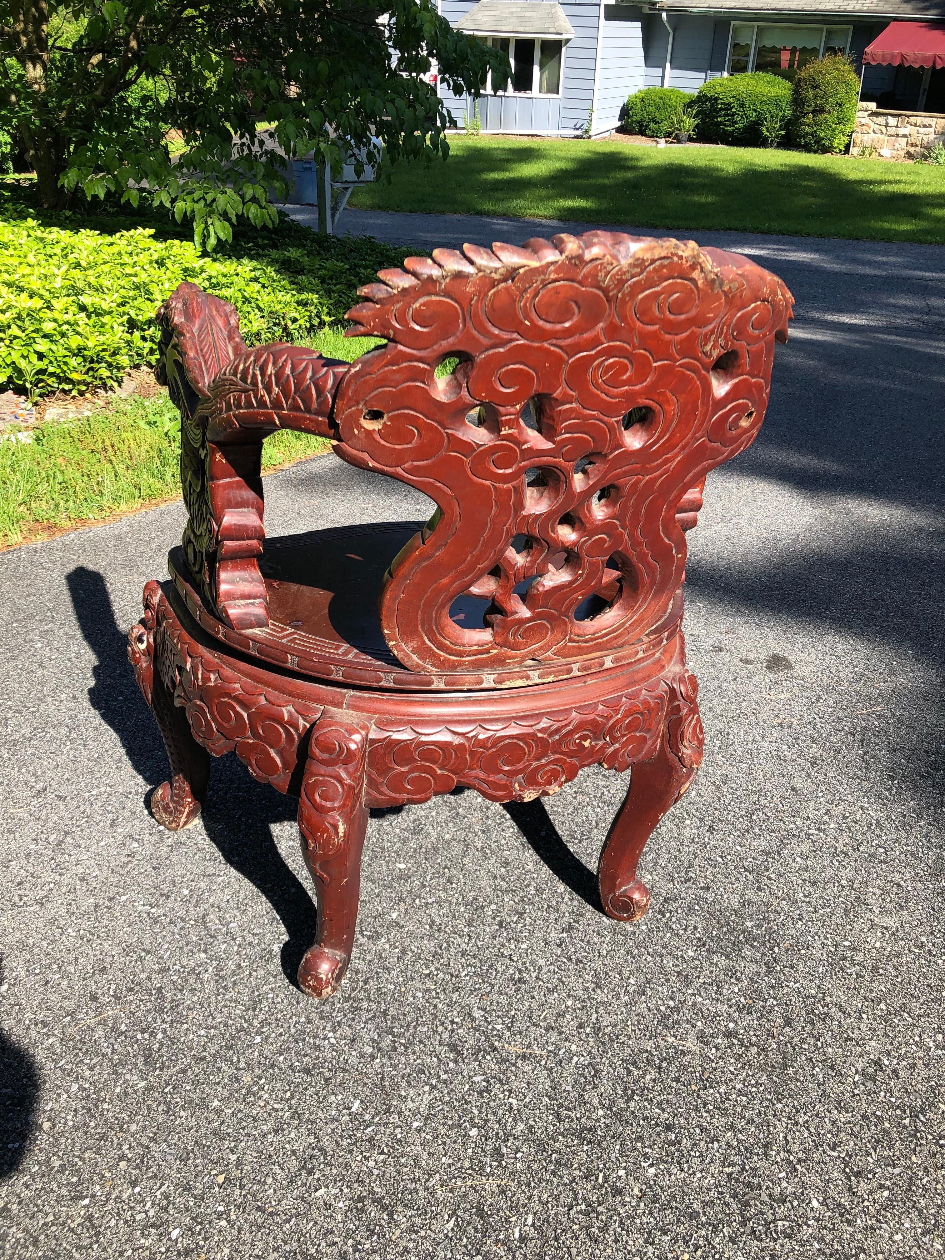Boxwood Japanese 19th Century Carved Dragon Chair Original Paint