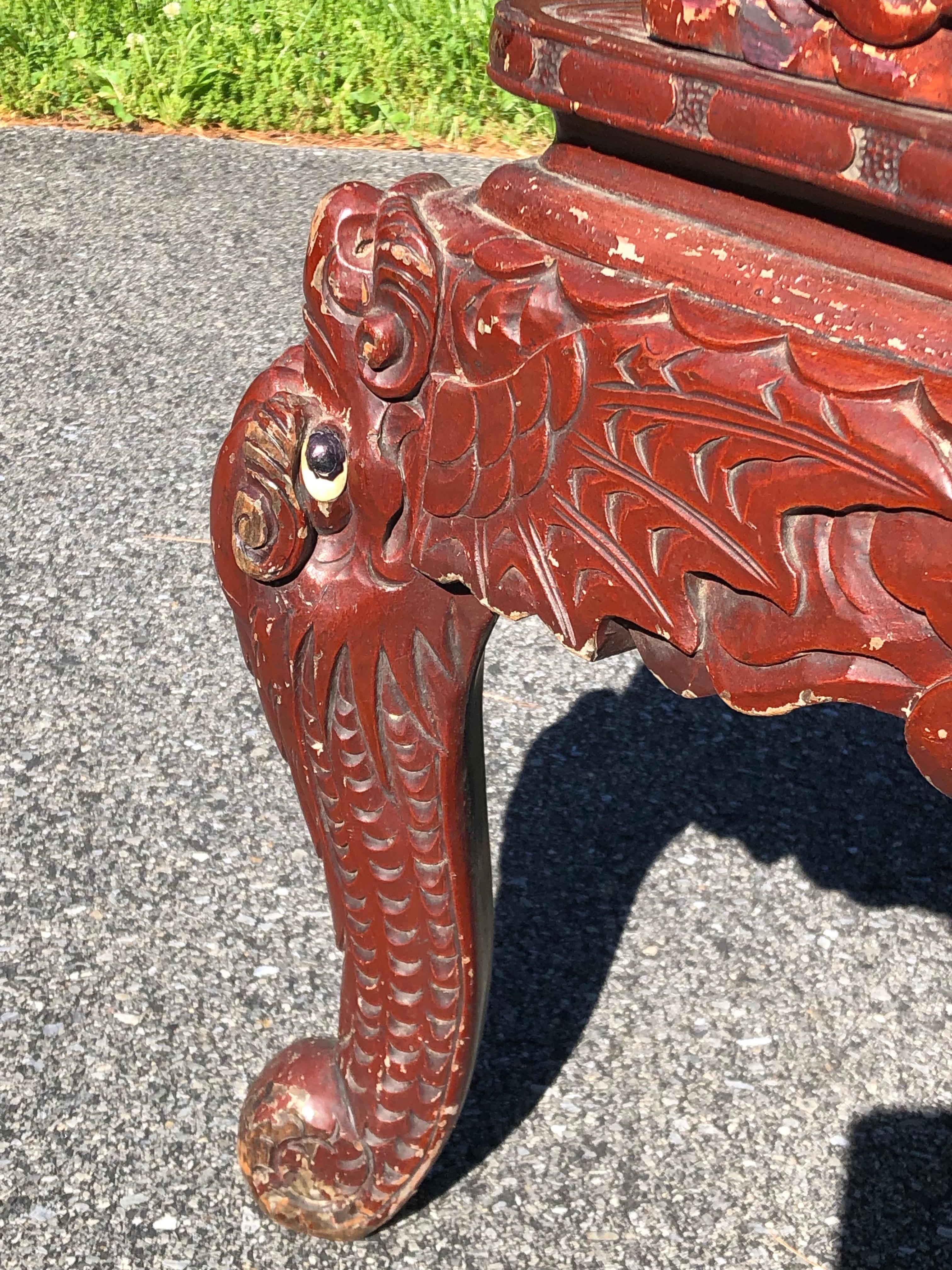 Boxwood Japanese 19th Century Carved Dragon Chair Original Paint