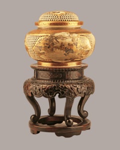Japanese Edo-Meiji Period Satsuma Incense Burner (Koro) and Wooden Support Table