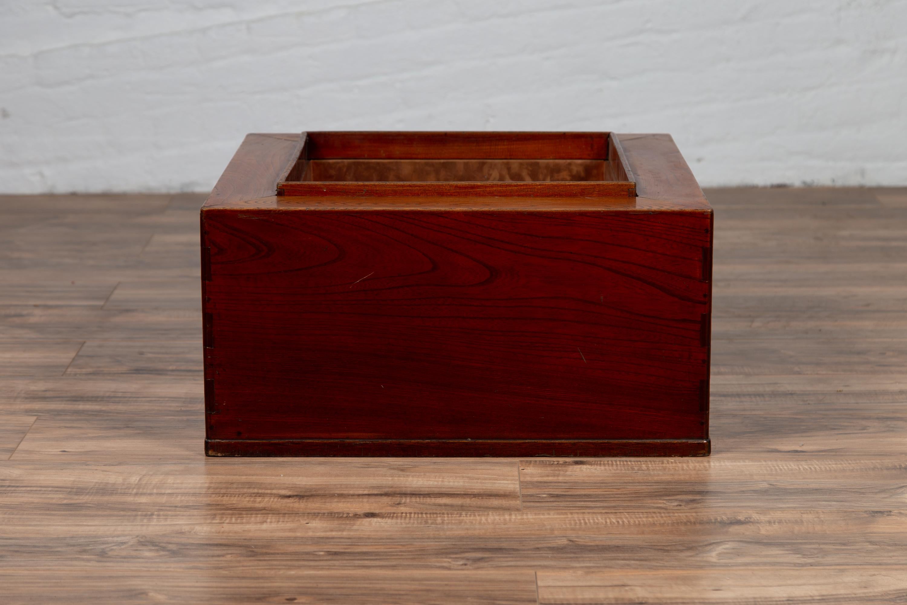 Japanese 19th Century Keyaki Wood Rectangular Hibachi with Copper Liner In Good Condition For Sale In Yonkers, NY