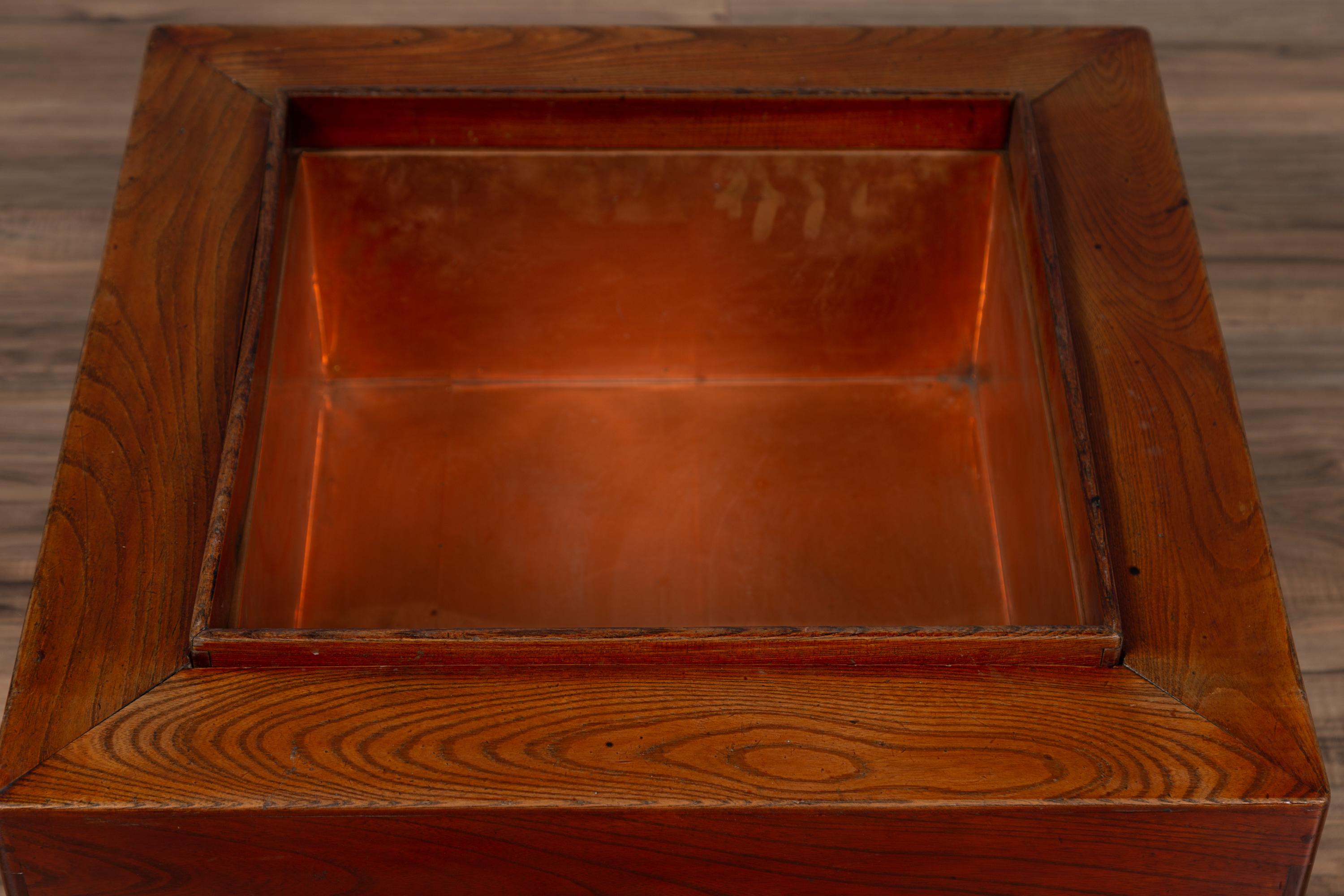 Elm Japanese 19th Century Keyaki Wood Rectangular Hibachi with Copper Liner For Sale