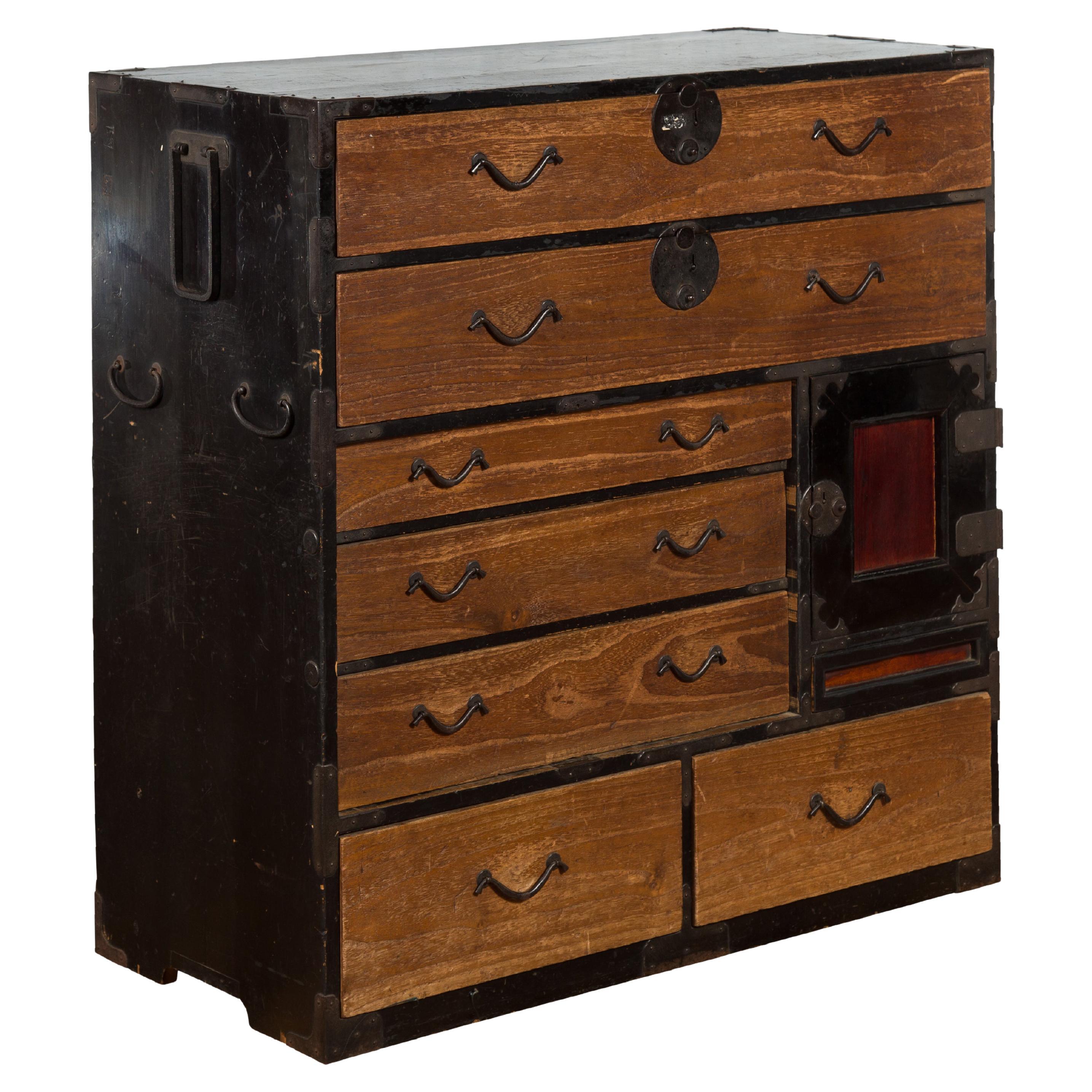 Japanese 19th Century Meiji Period Brown and Black Tansu Clothing Chest For Sale