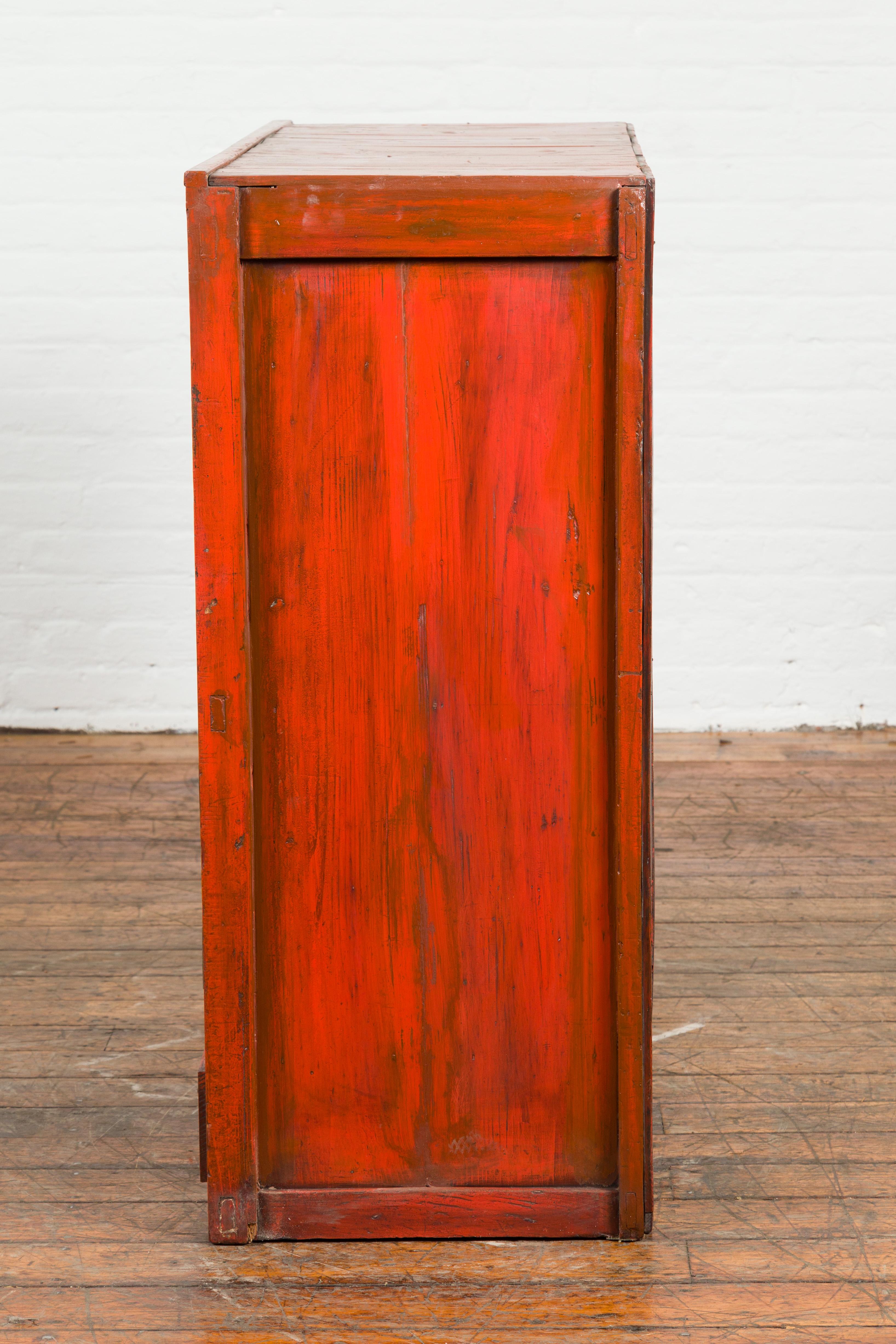 Japanese 19th Century Meiji Period Red Cabinet with Sliding Doors and Drawers For Sale 4