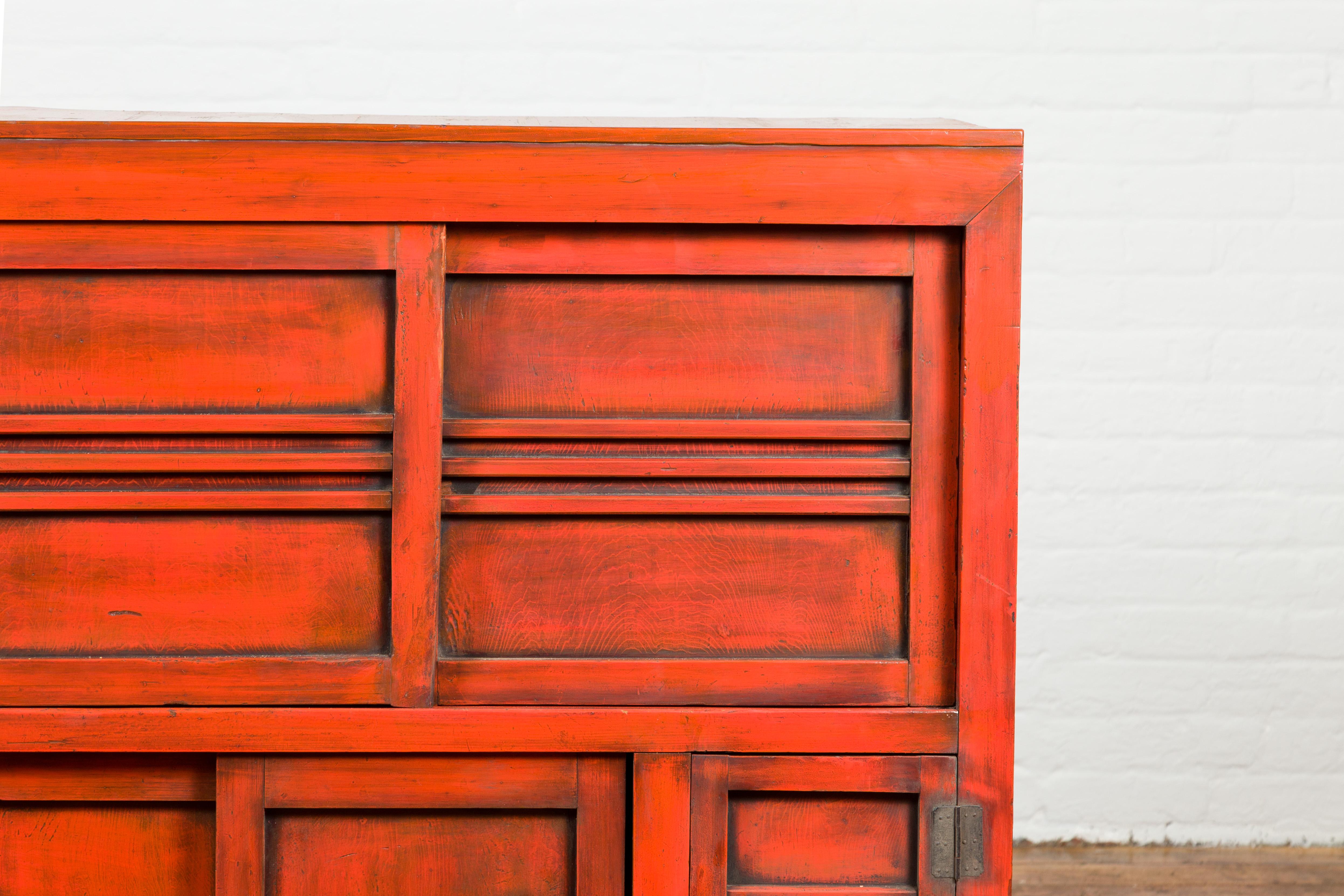 Japanese 19th Century Meiji Period Red Cabinet with Sliding Doors and Drawers In Good Condition For Sale In Yonkers, NY