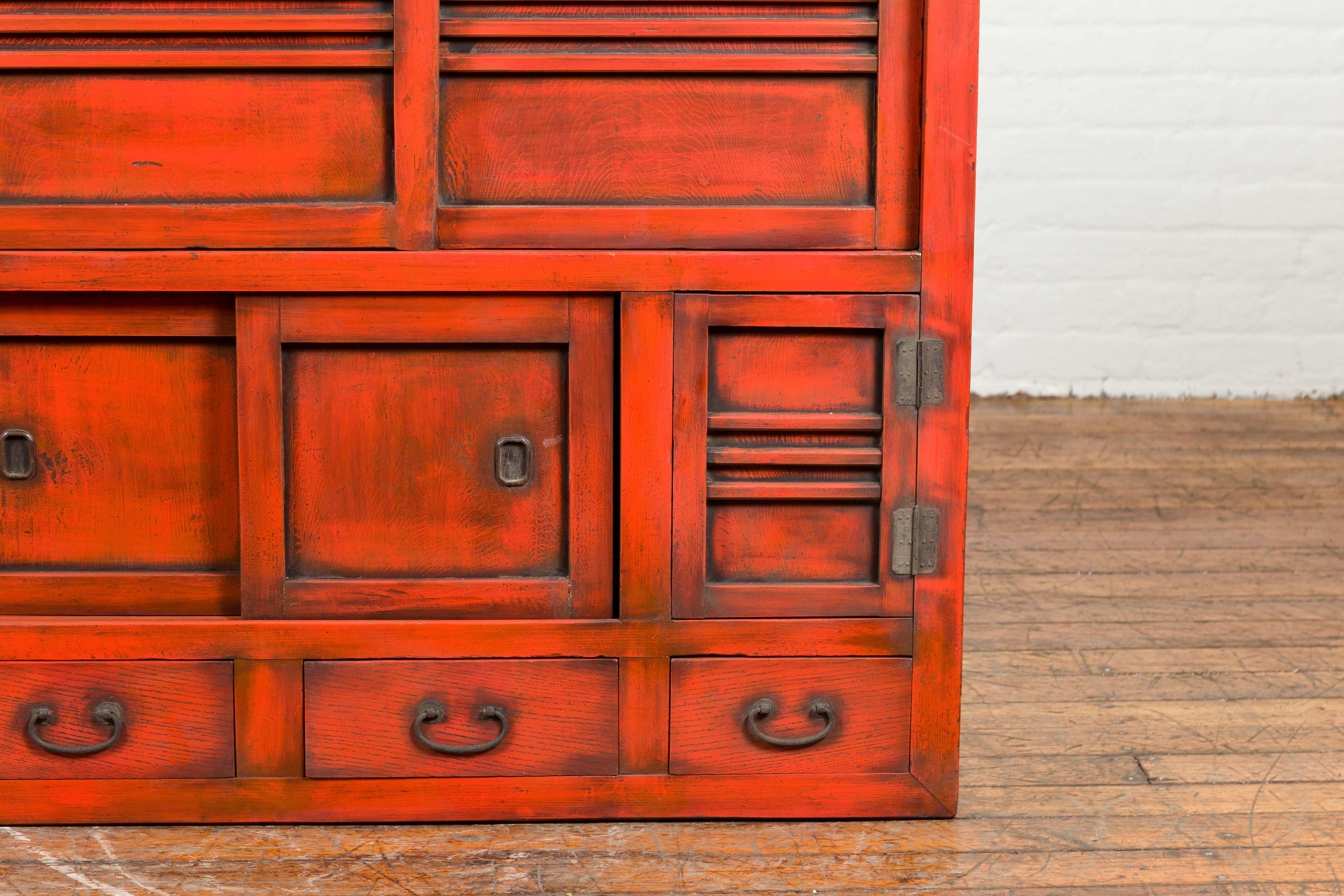 Japanese 19th Century Meiji Period Red Cabinet with Sliding Doors and Drawers For Sale 1
