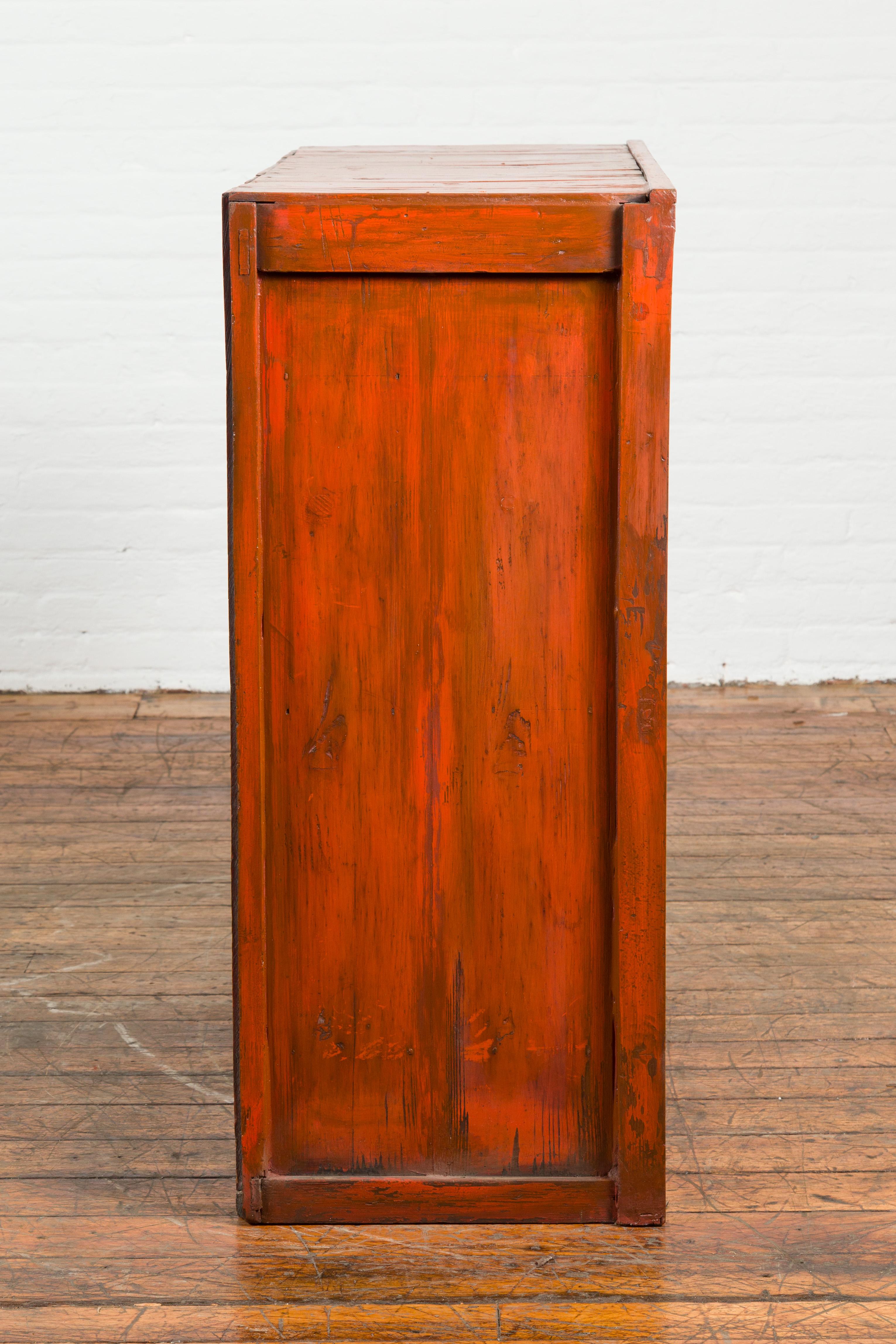 Japanese 19th Century Meiji Period Red Cabinet with Sliding Doors and Drawers For Sale 2
