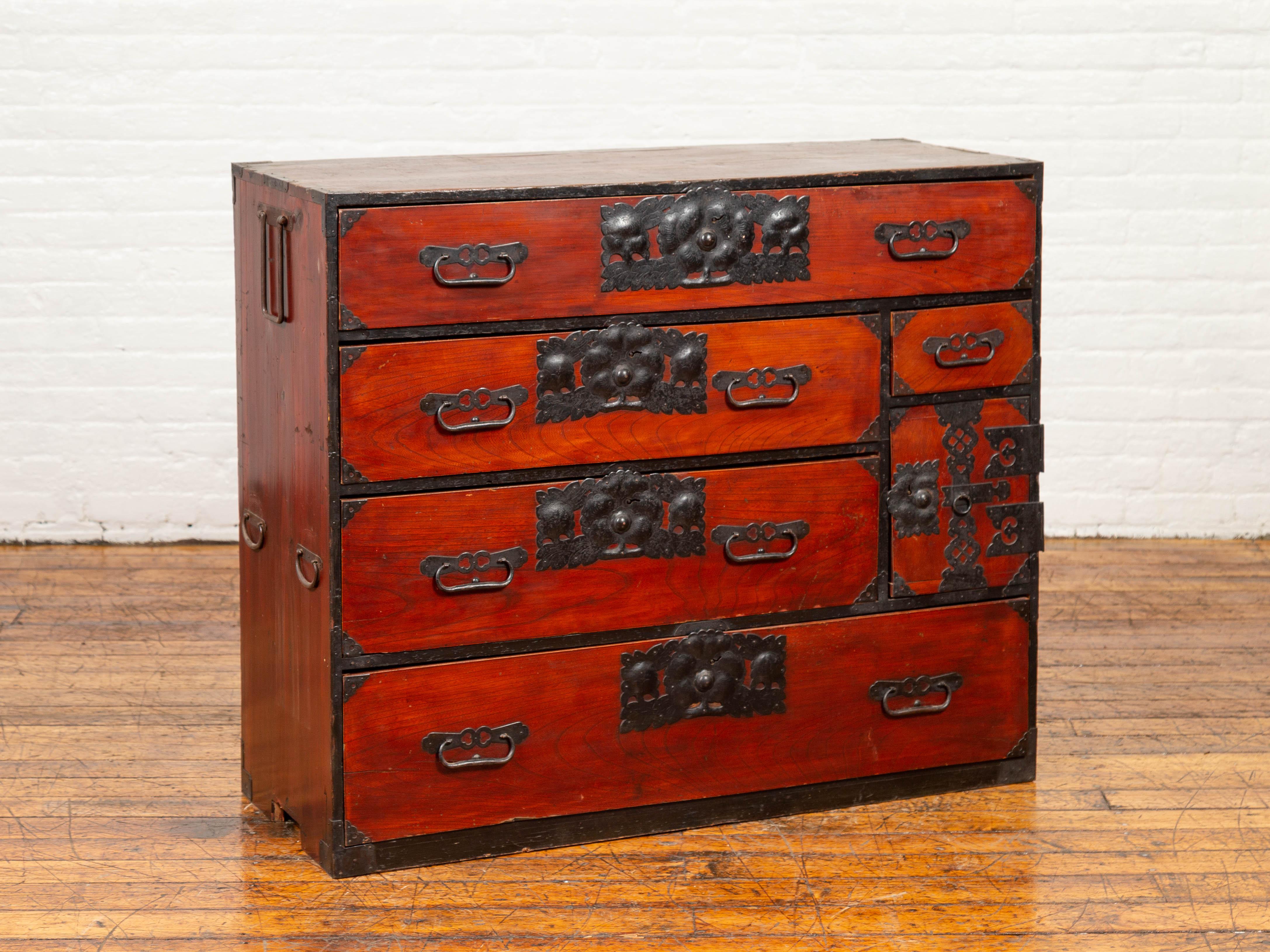 Lacquered Japanese 19th Century Meiji Period Sendai Clothing Tansu with Bronze Hardware