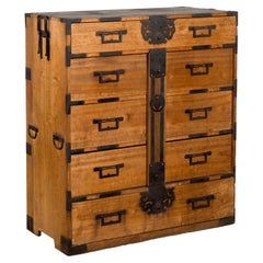 Japanese 19th Century Meiji Tansu Traveling Chest with Multiple Drawers
