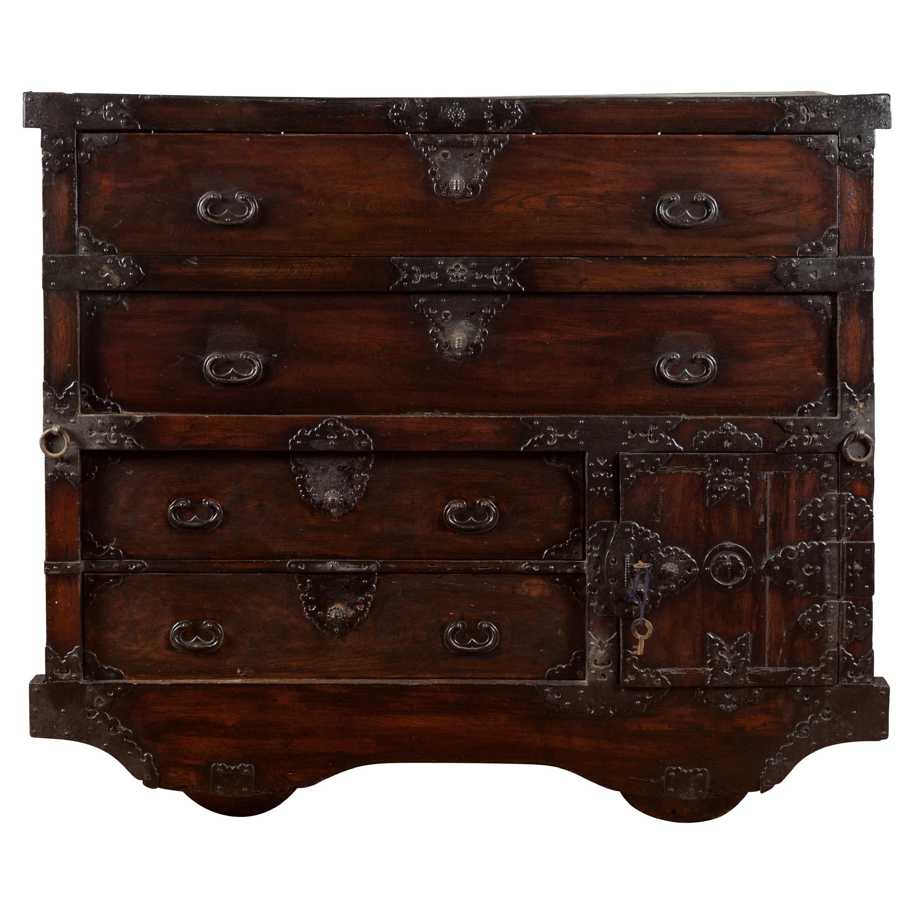 Japanese 19th Century Merchant's Chest with Drawers and Door, Mounted on Wheels For Sale