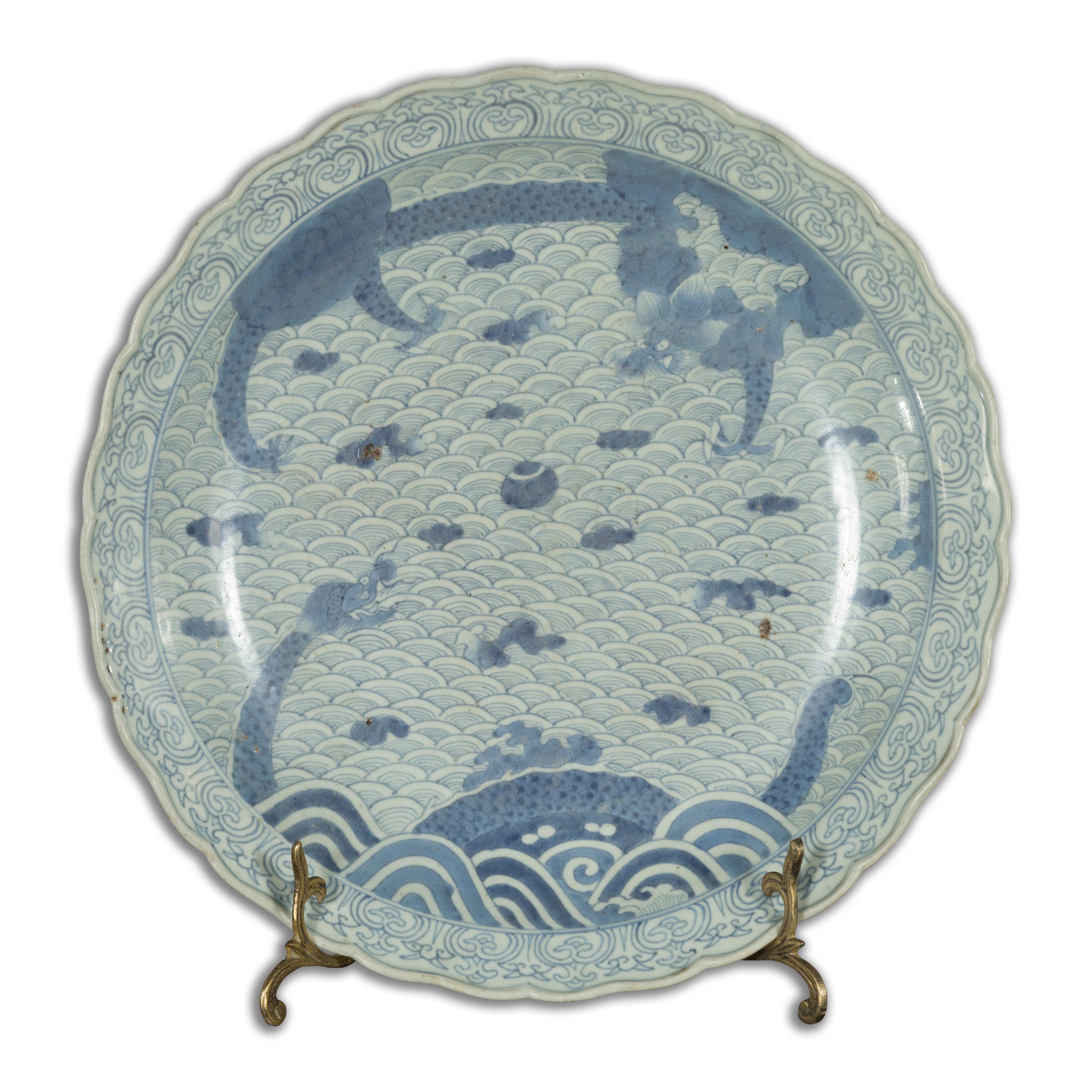 Japanese 19th Century Porcelain Plate with Blue and White Dragon in Clouds Décor 13