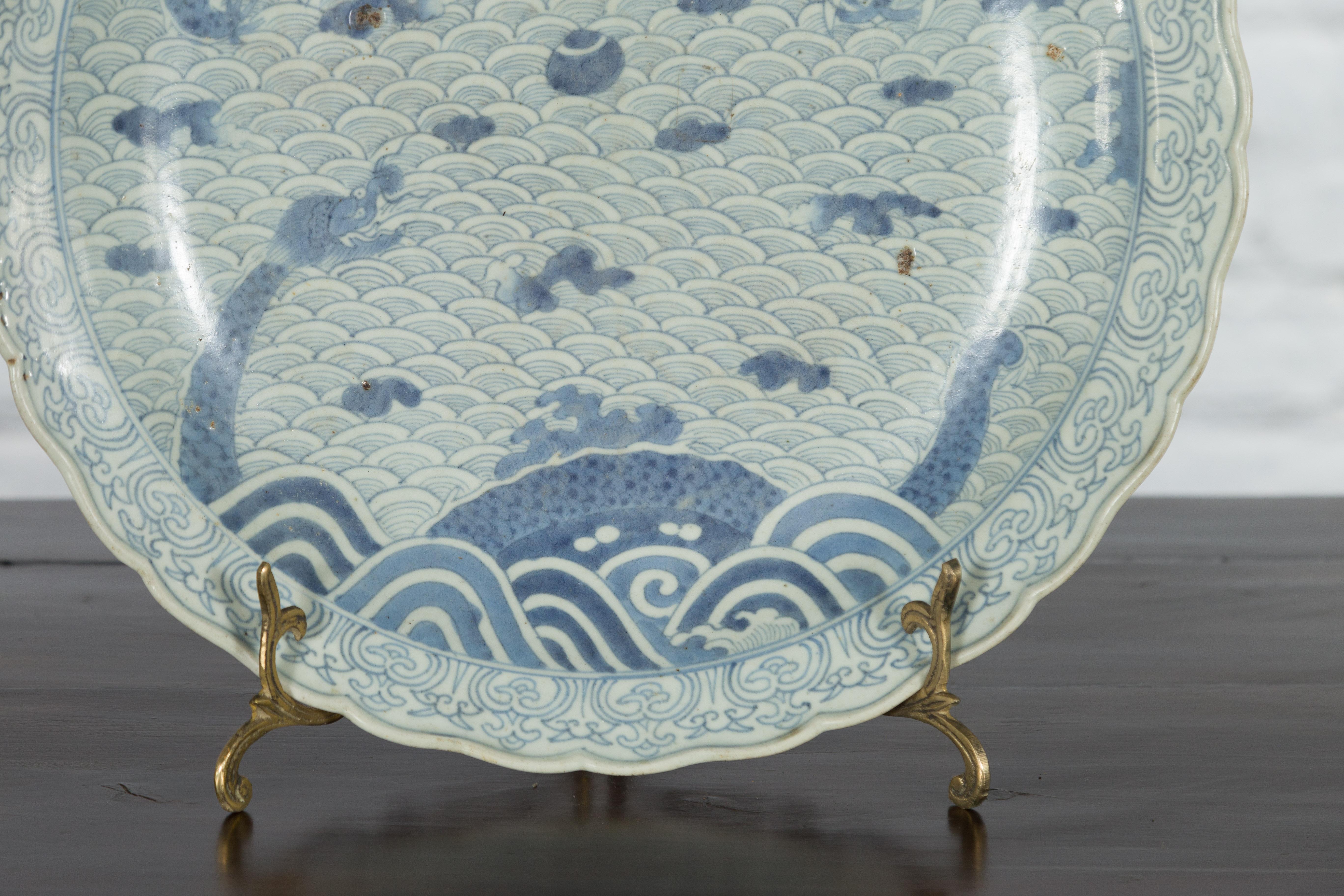 Japanese 19th Century Porcelain Plate with Blue and White Dragon in Clouds Décor 4