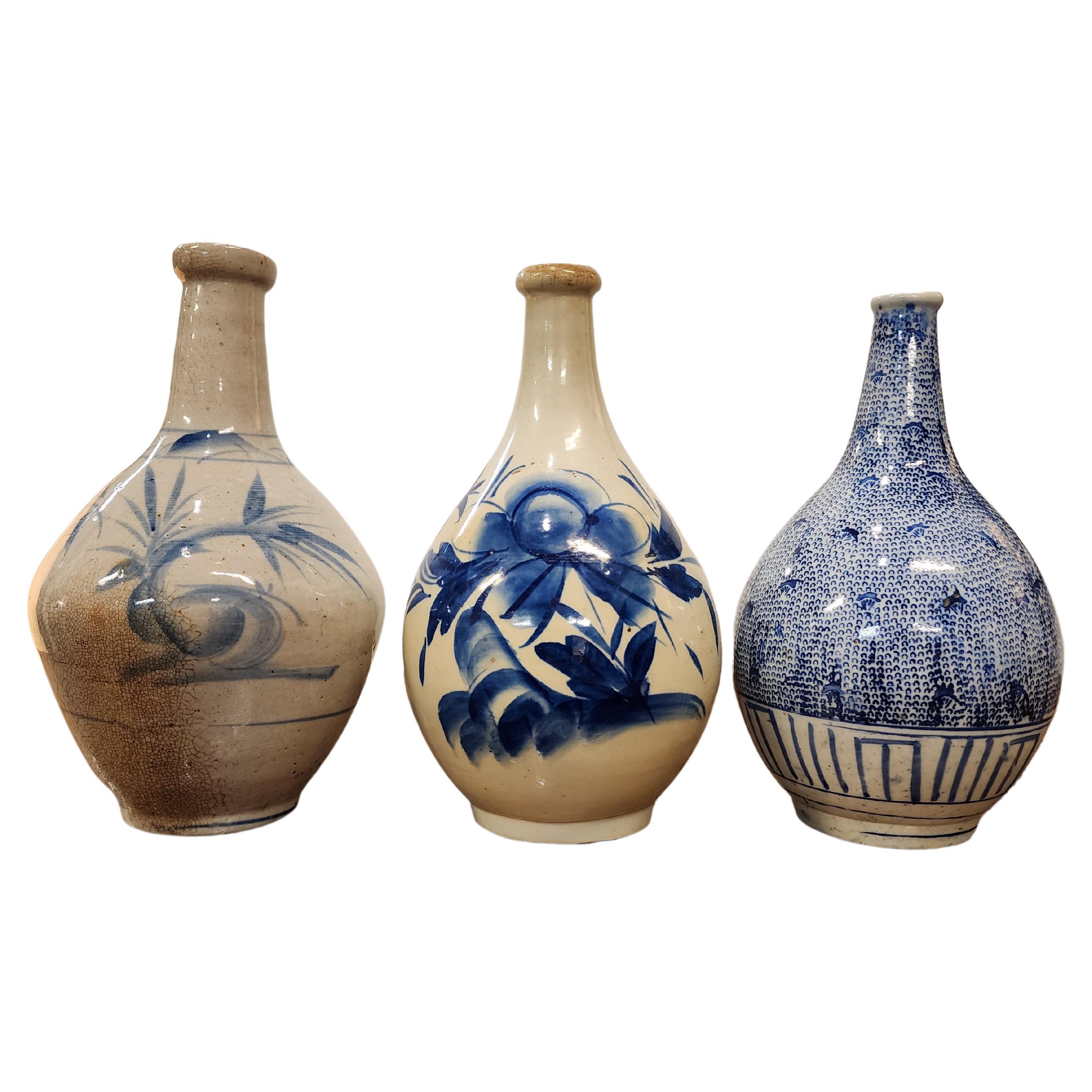 Folk Art 19th Century Sake Bottles, Collection of Three Japan 1850s