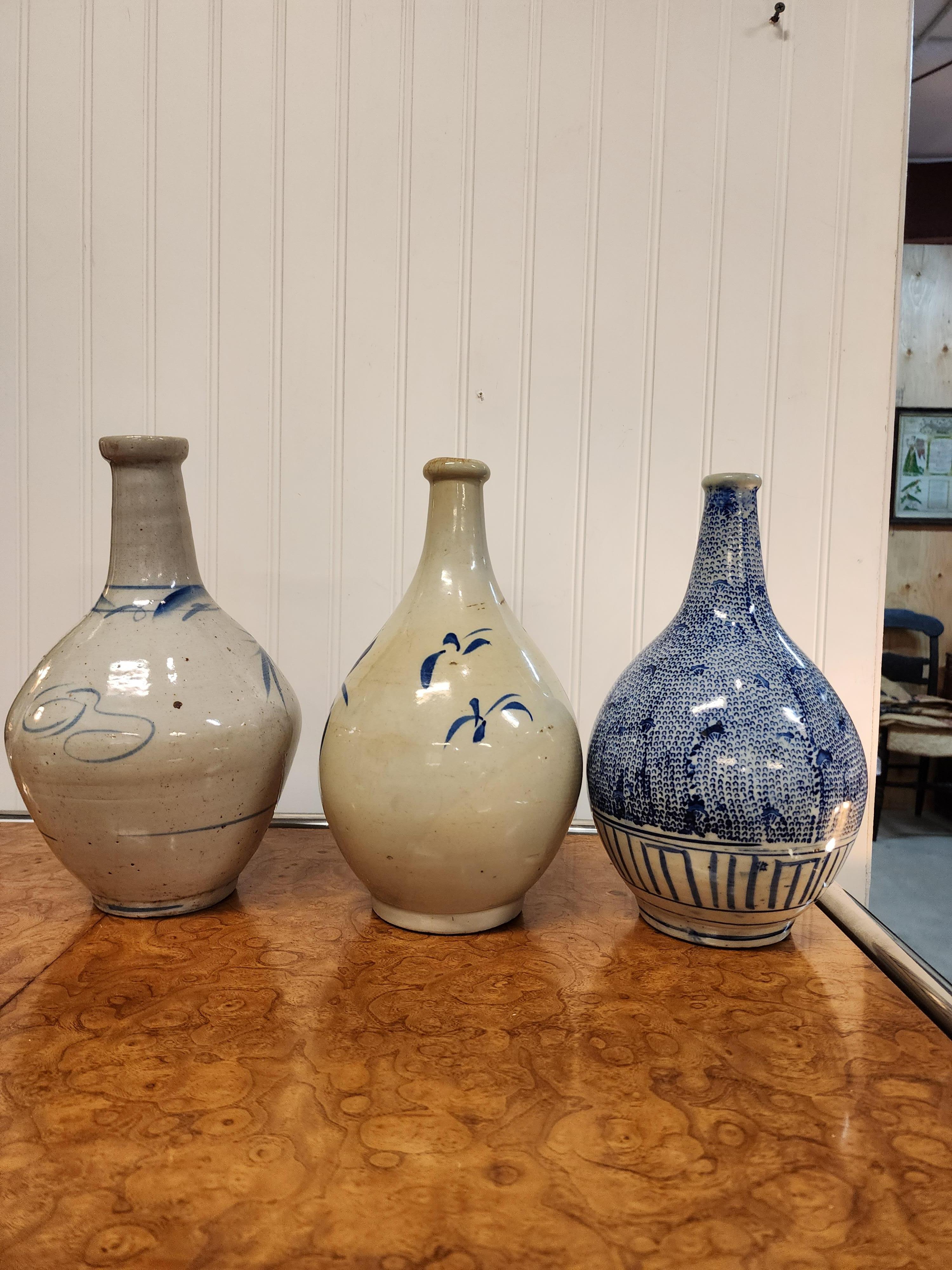 Hand-Crafted 19th Century Sake Bottles, Collection of Three Japan 1850s