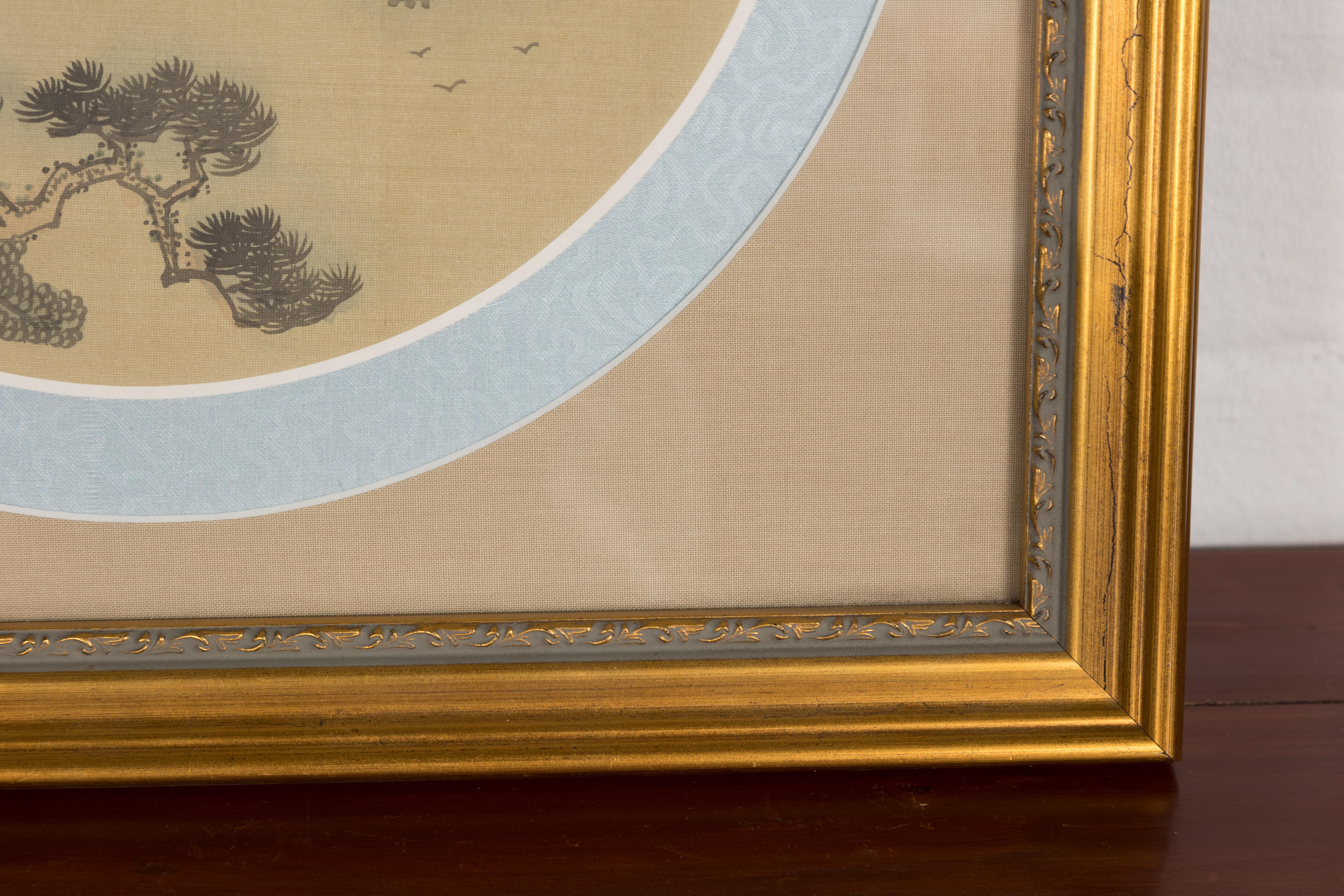 Signed Antique Golden Framed Landscape Painting on Silk For Sale 5