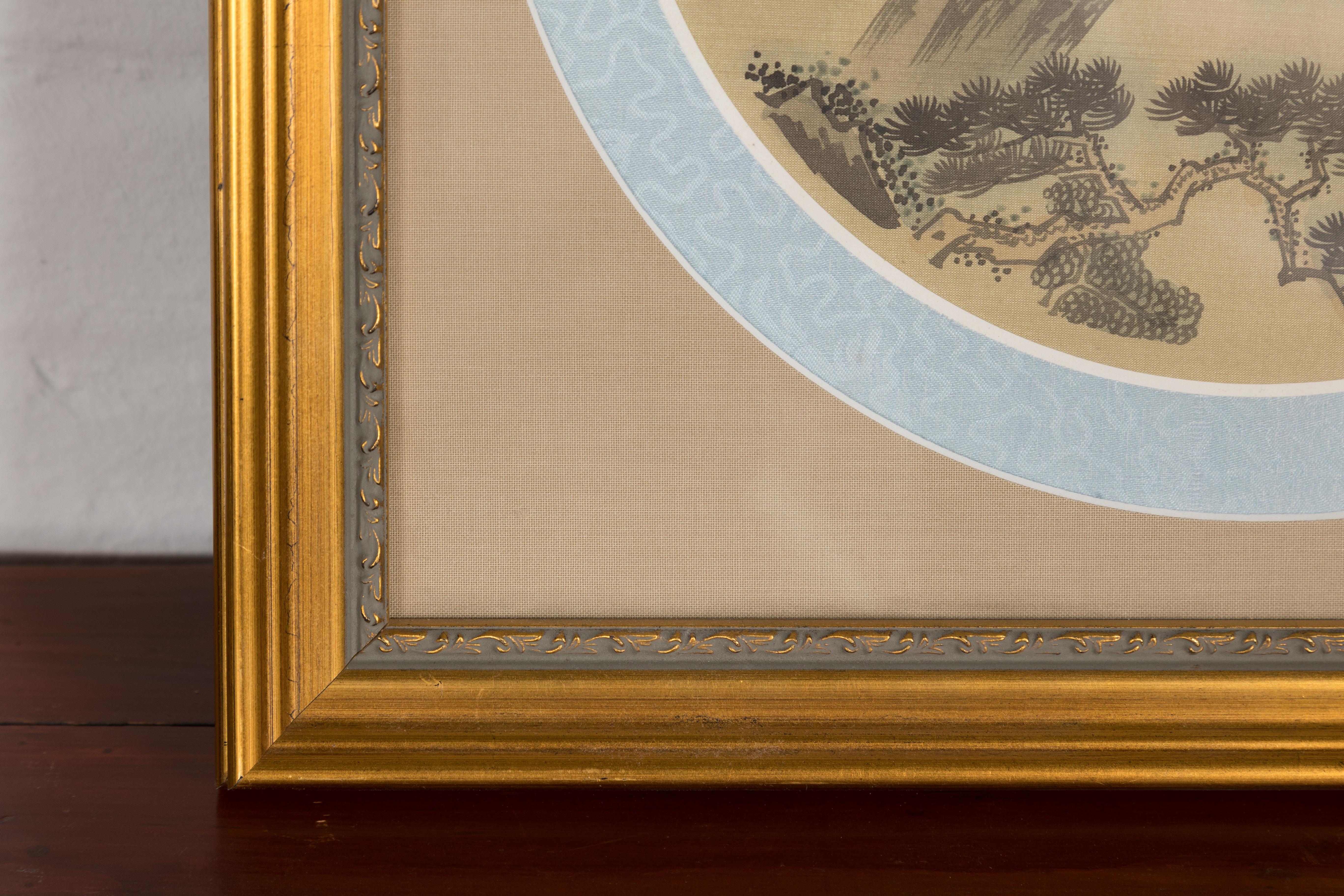 Signed Antique Golden Framed Landscape Painting on Silk 6