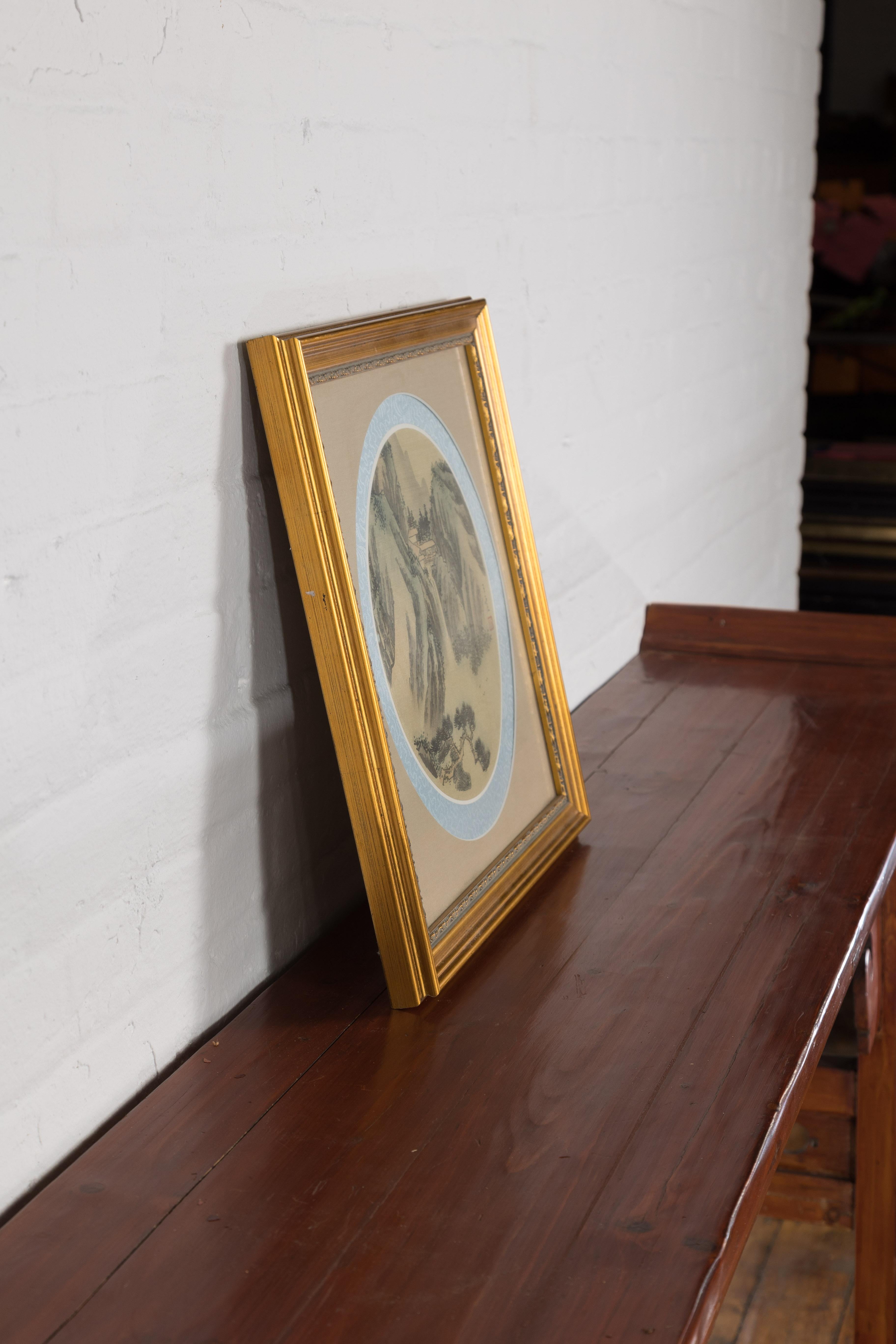 Signed Antique Golden Framed Landscape Painting on Silk 7