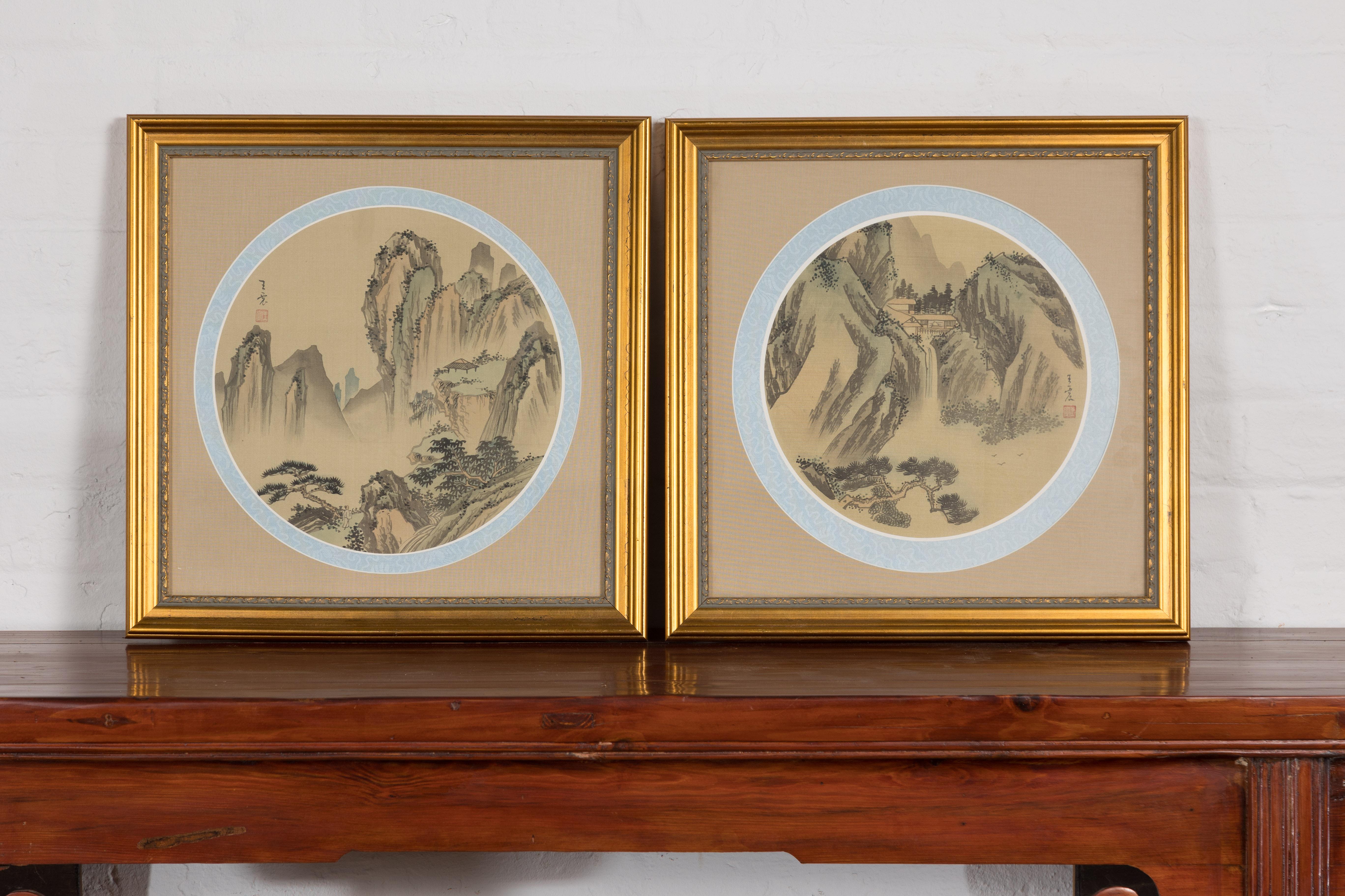 Signed Antique Golden Framed Landscape Painting on Silk 10