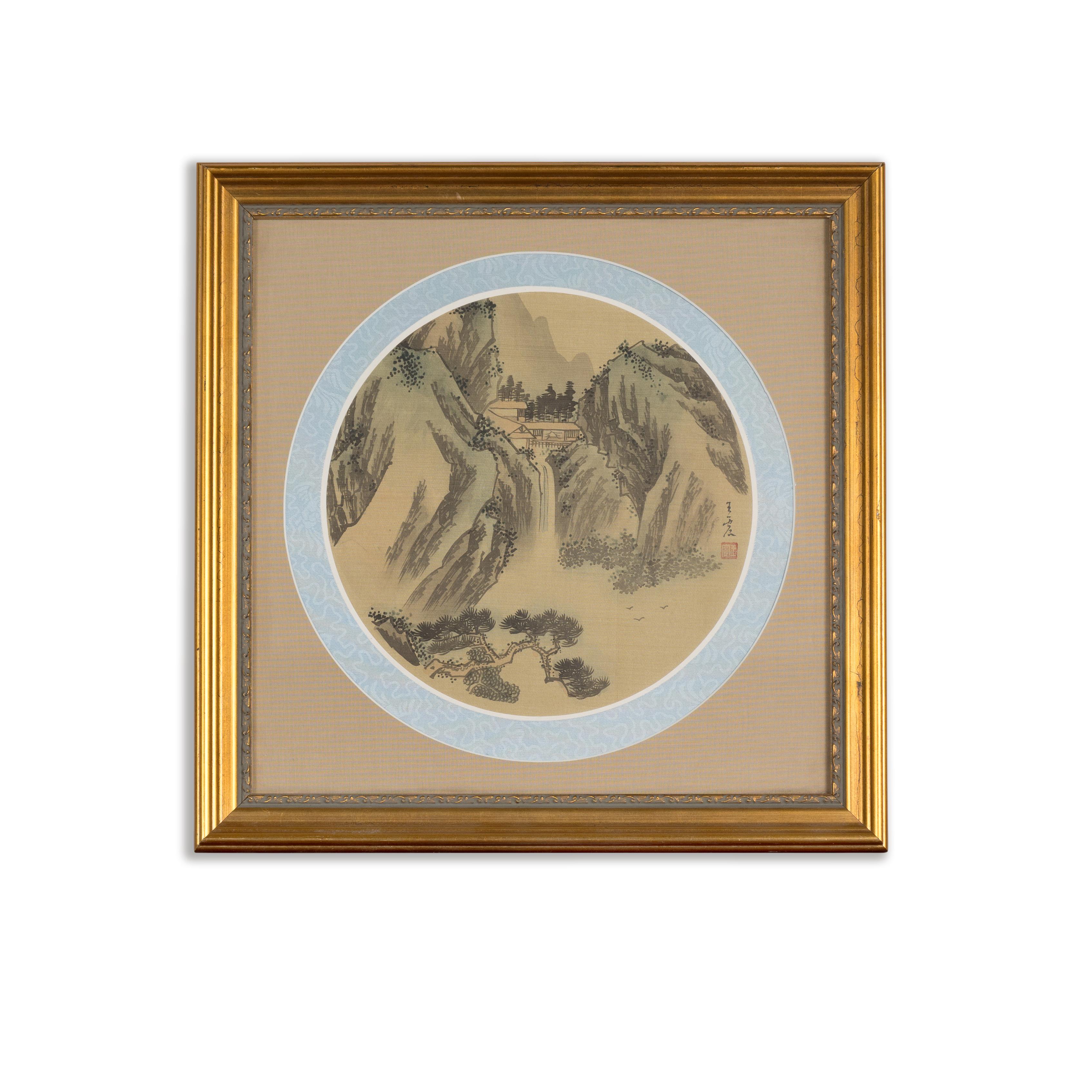 Signed Antique Golden Framed Landscape Painting on Silk For Sale 11