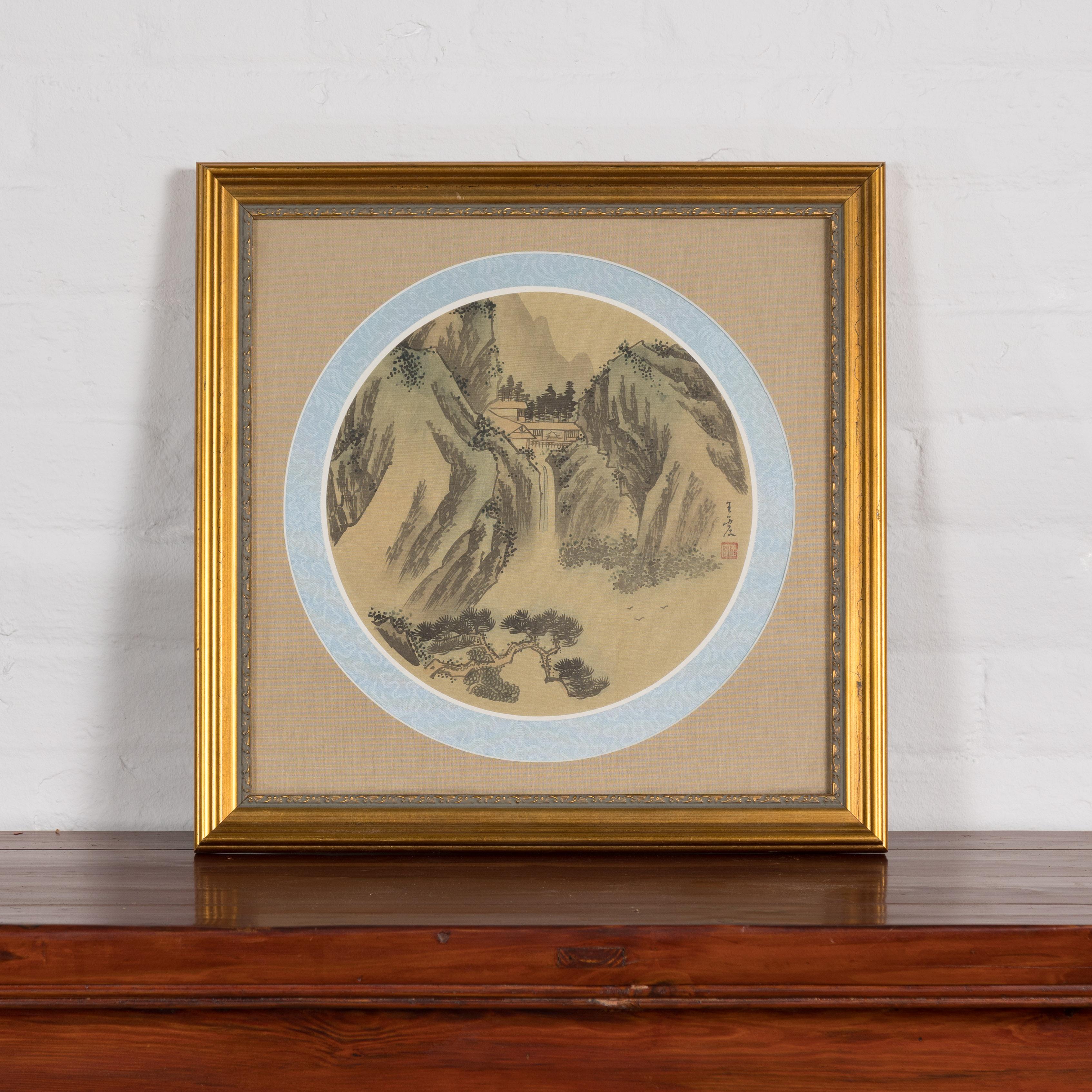 A Japanese landscape painting on silk from the 19th century in new gilded frame, signed. Presenting an exquisite artifact of Japanese artistry from the 19th century – a signed, hand-painted landscape on silk, elegantly encased in a new, gilded