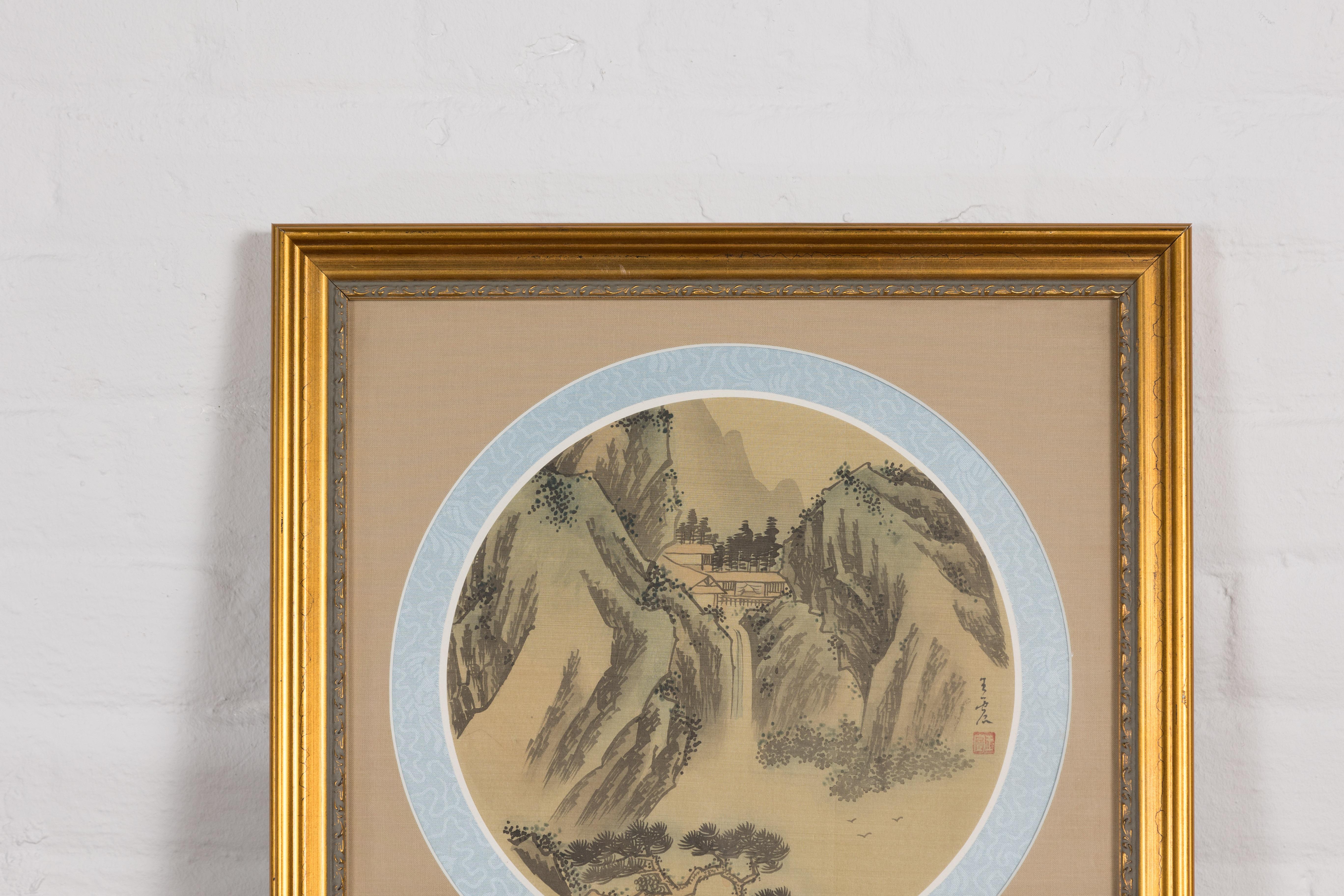 Japanese Signed Antique Golden Framed Landscape Painting on Silk For Sale