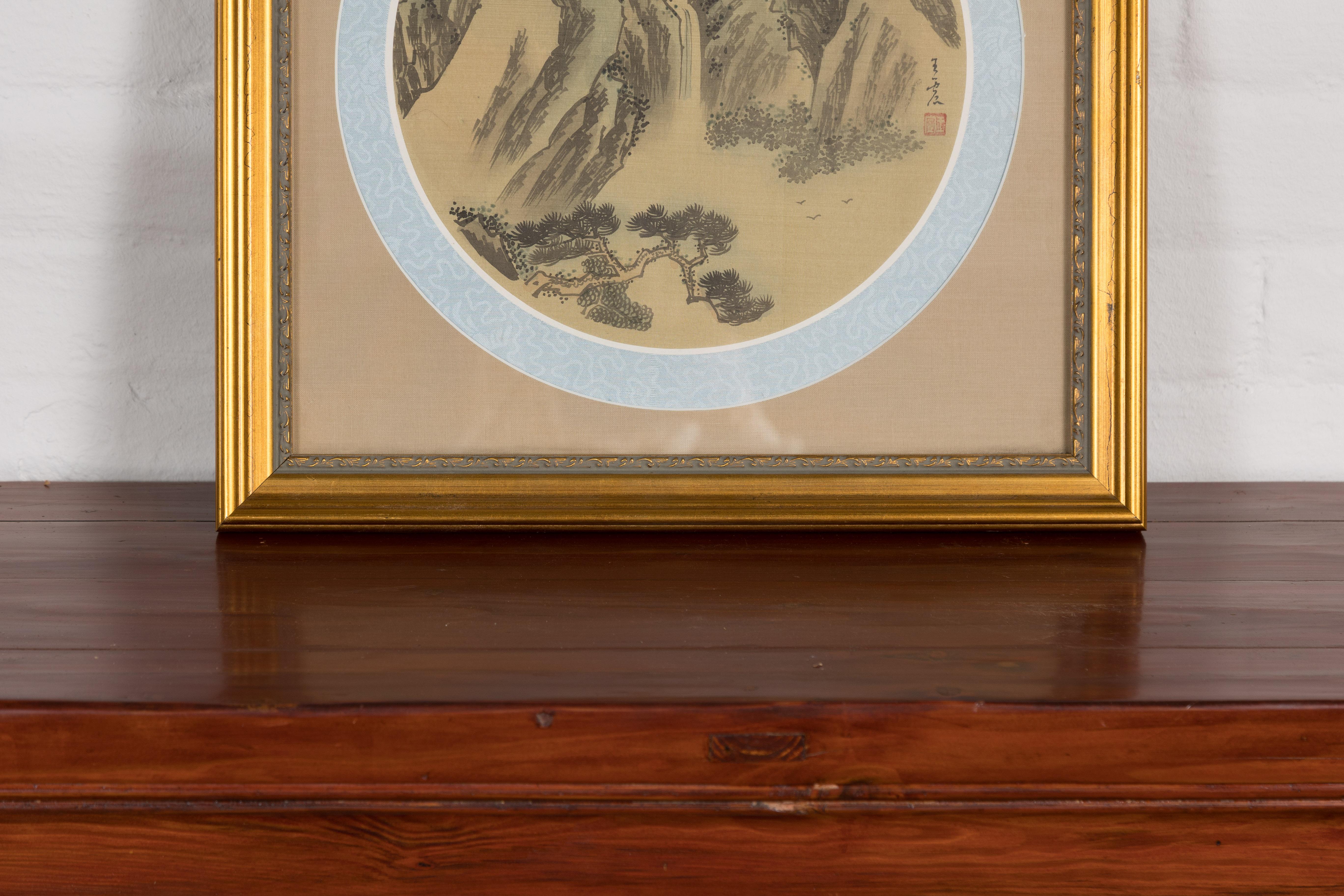 Gilt Signed Antique Golden Framed Landscape Painting on Silk For Sale