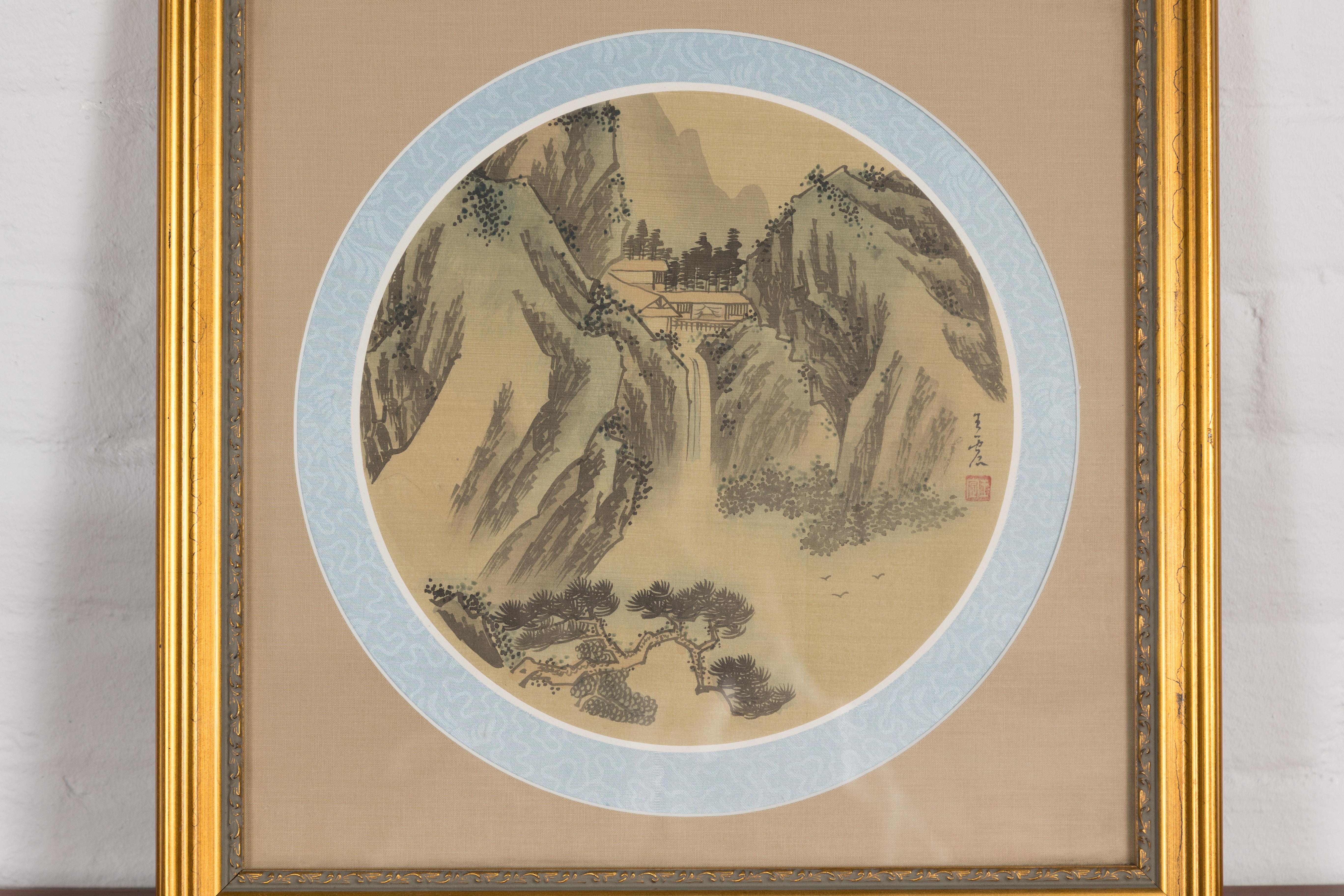 Signed Antique Golden Framed Landscape Painting on Silk In Good Condition In Yonkers, NY