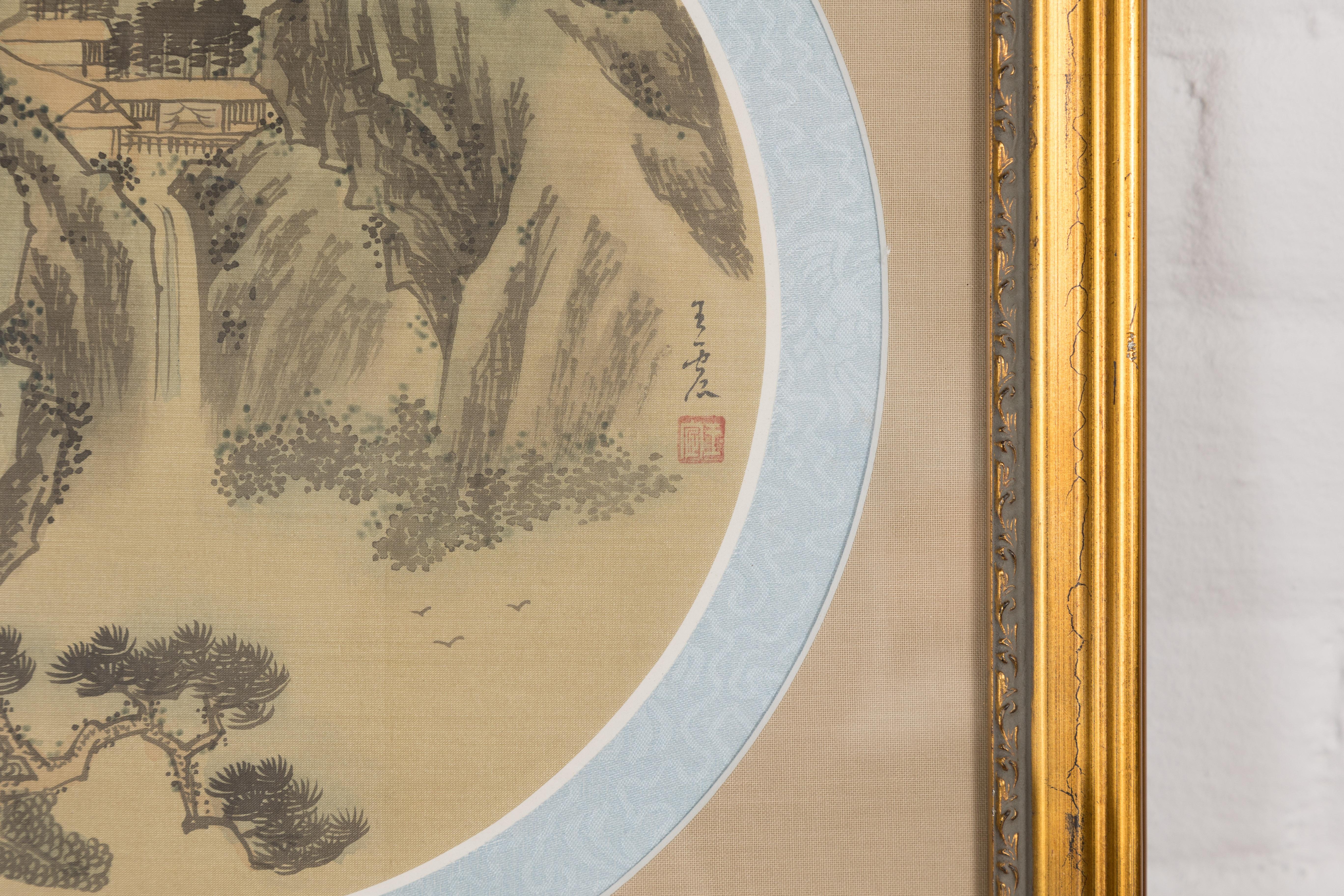 19th Century Signed Antique Golden Framed Landscape Painting on Silk For Sale
