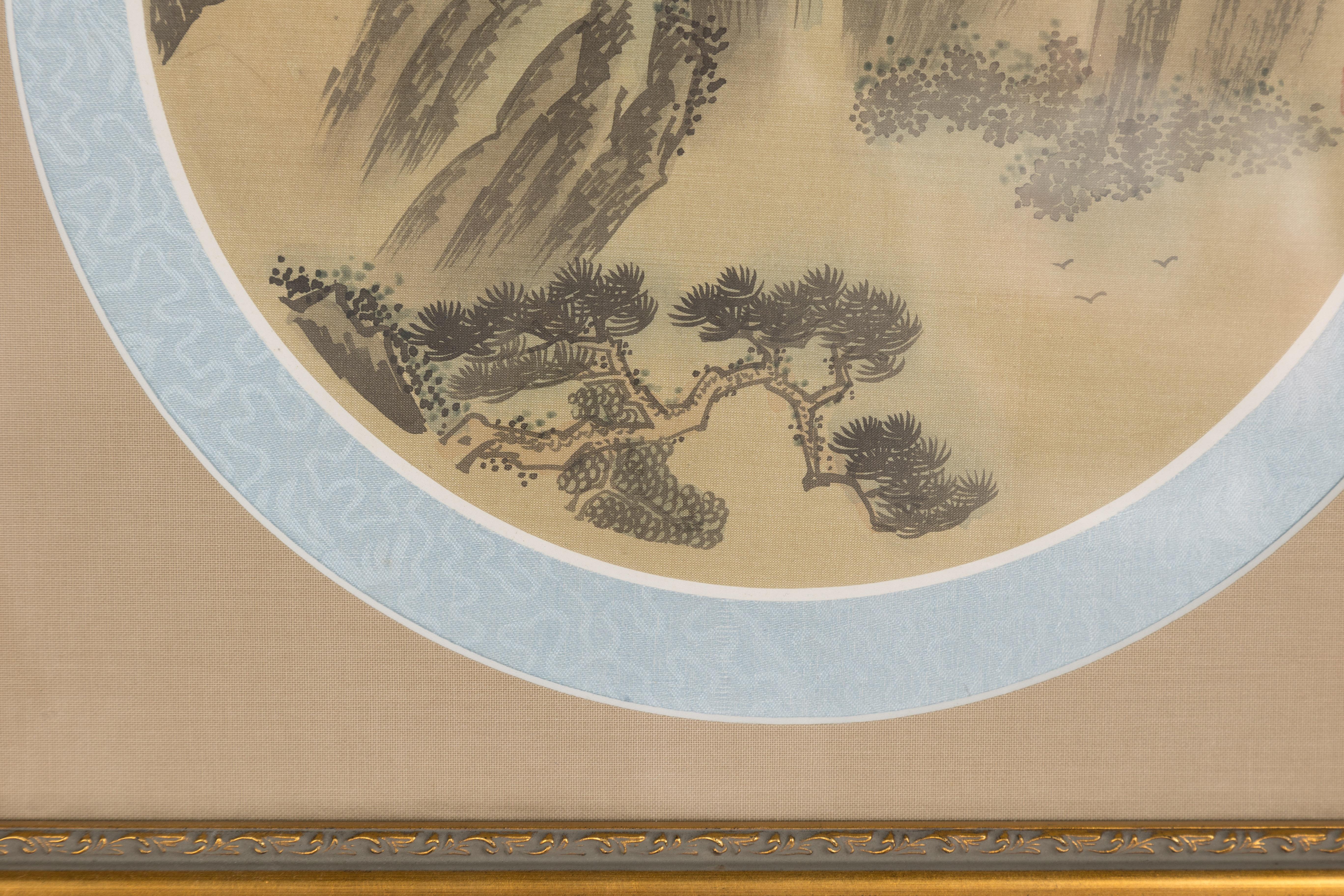 Signed Antique Golden Framed Landscape Painting on Silk For Sale 2