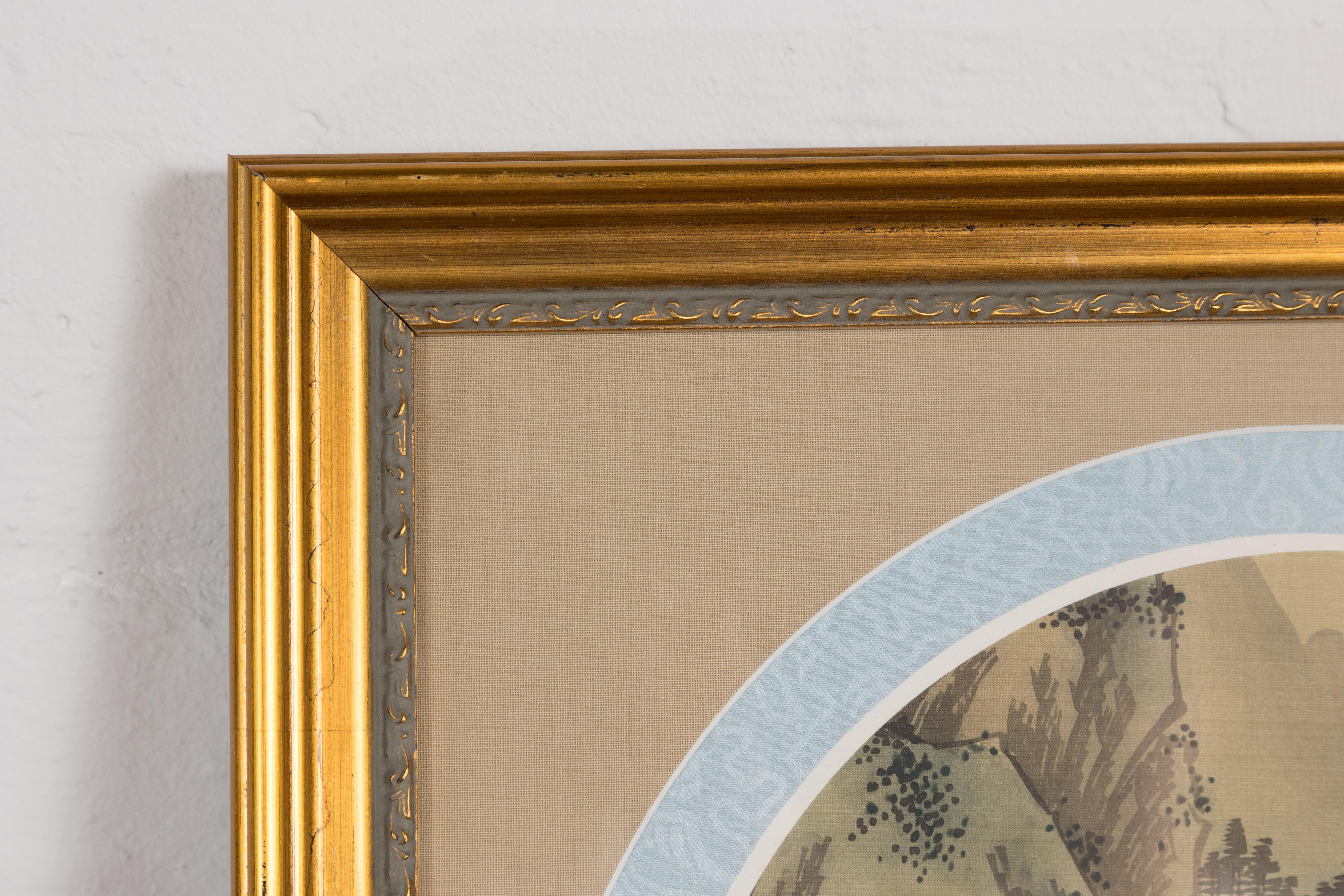 Signed Antique Golden Framed Landscape Painting on Silk For Sale 3