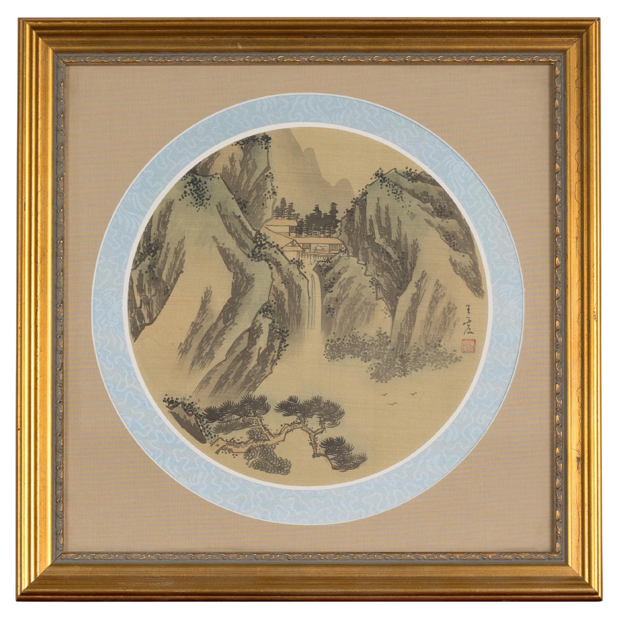Signed Antique Golden Framed Landscape Painting on Silk For Sale