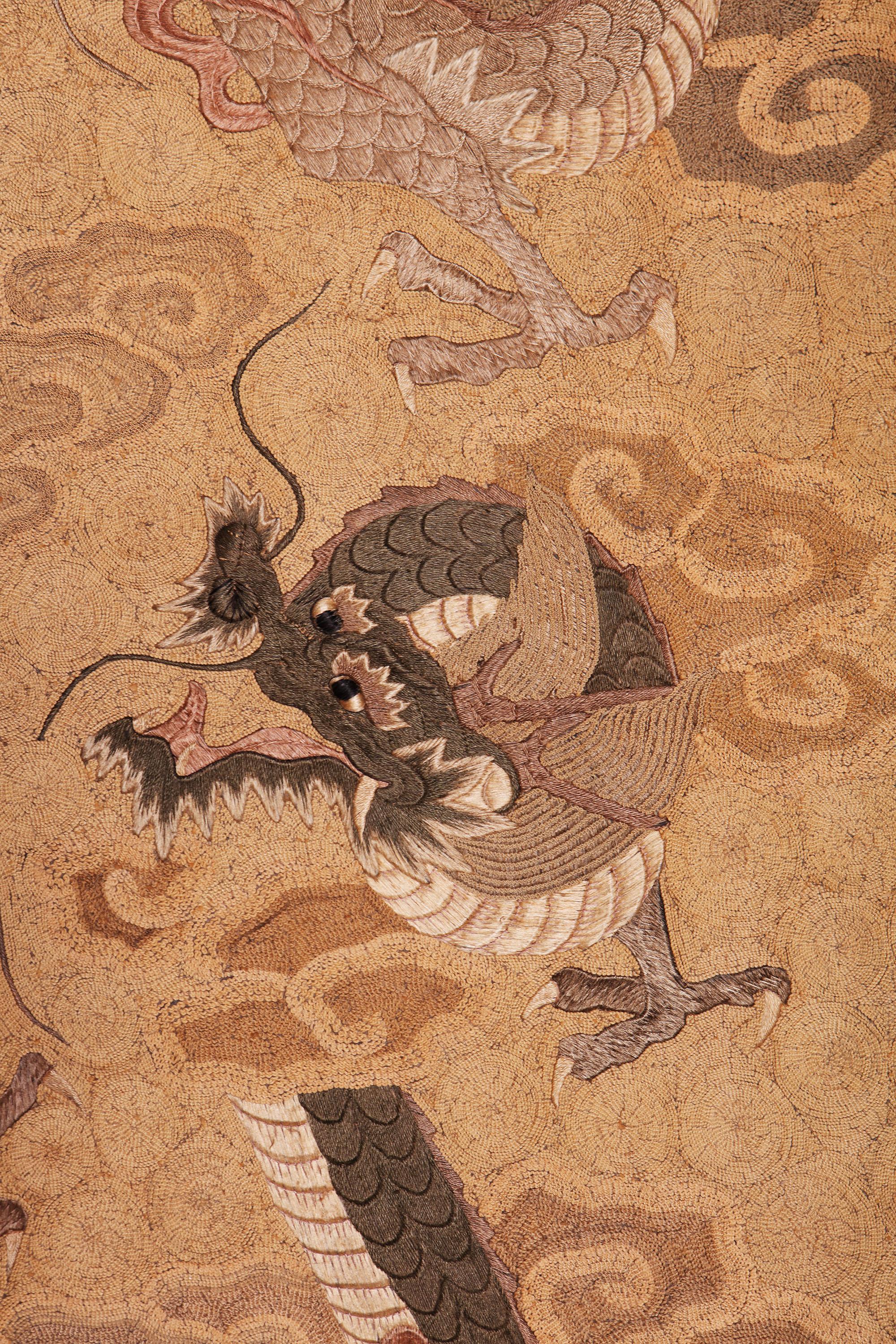 Japanese 19th Century Silk Needlework Panel of Three Dragons 1