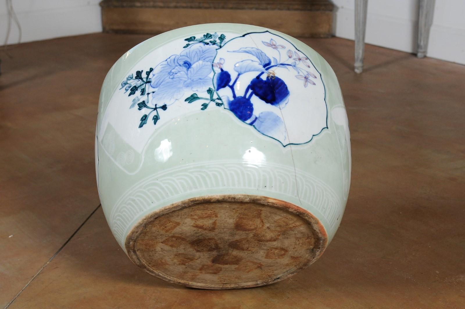 Japanese 19th Century Soft Green Goldfish Bowl with Blue Floral Motifs 5