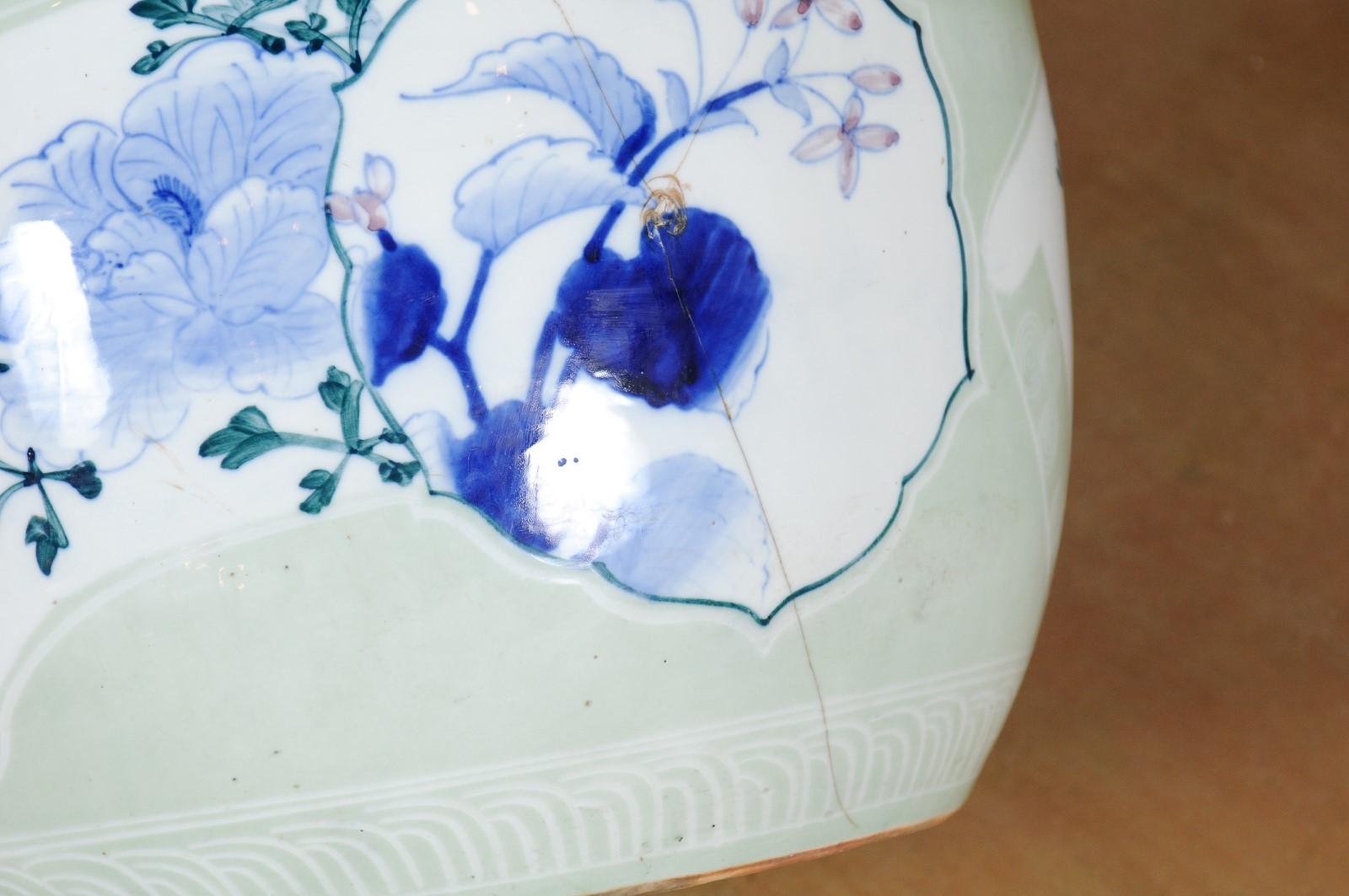 Japanese 19th Century Soft Green Goldfish Bowl with Blue Floral Motifs 6