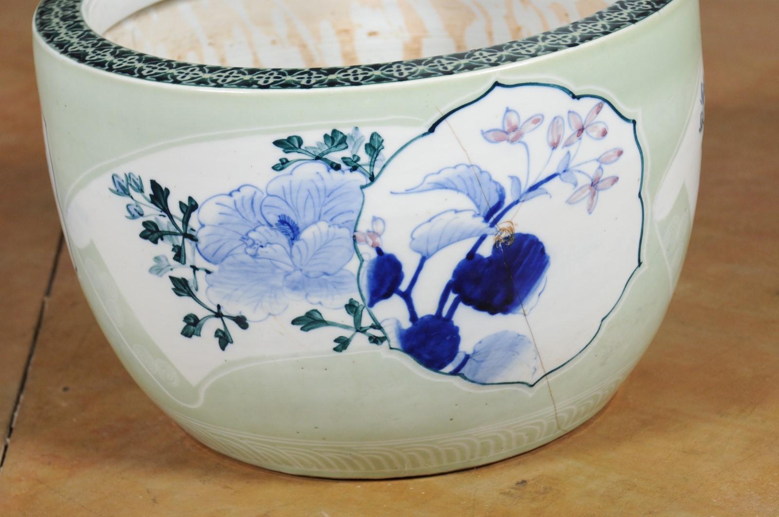 Japanese 19th Century Soft Green Goldfish Bowl with Blue Floral Motifs In Good Condition In Atlanta, GA