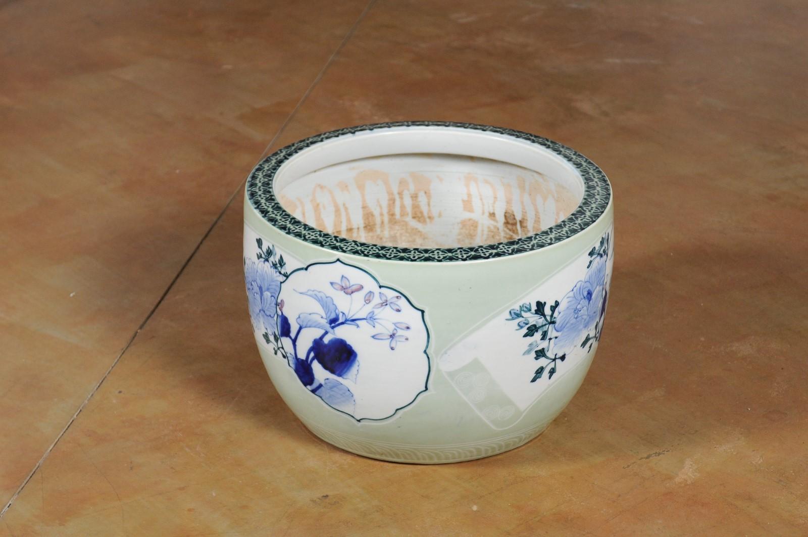 Japanese 19th Century Soft Green Goldfish Bowl with Blue Floral Motifs 1