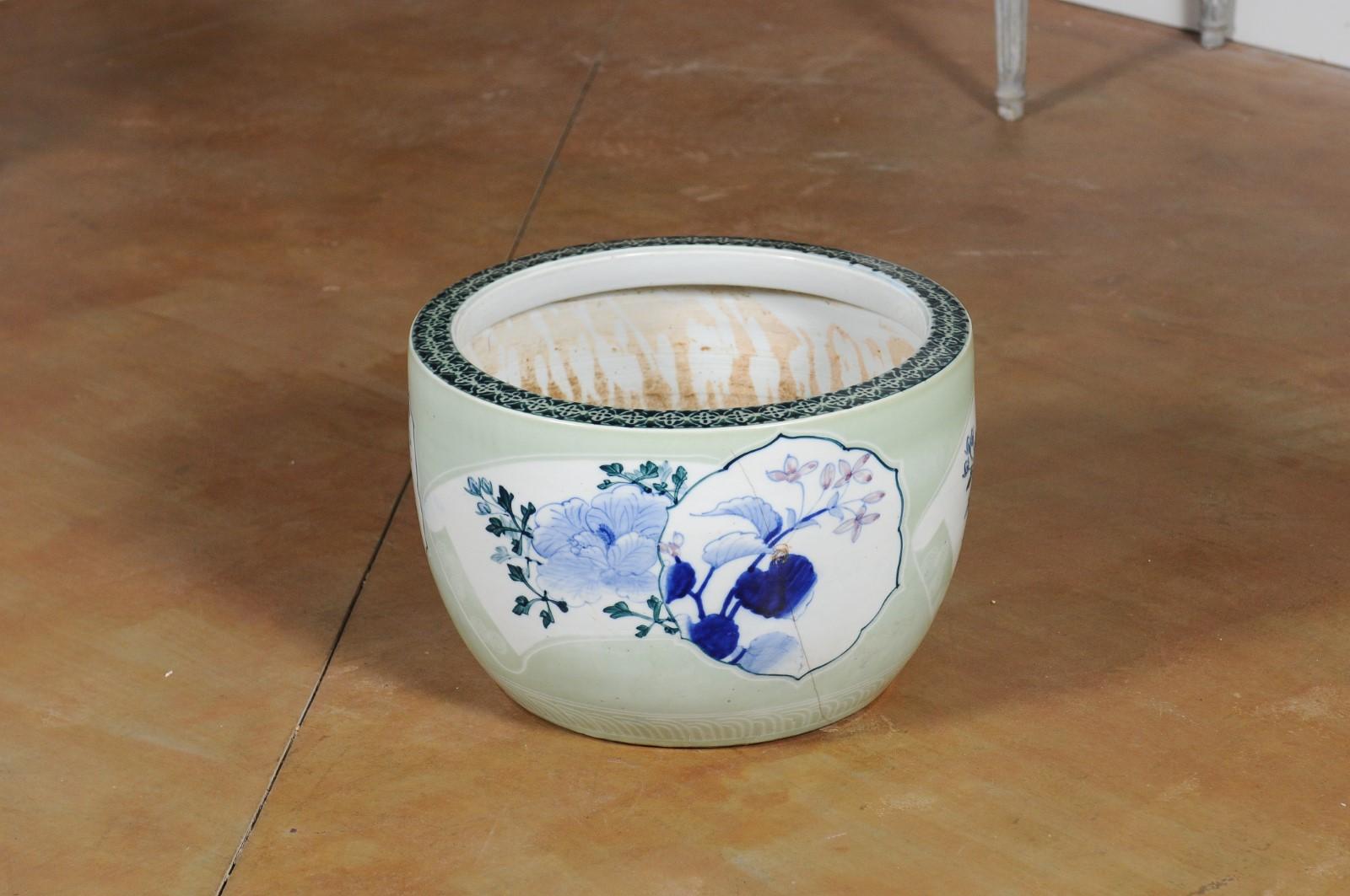 Japanese 19th Century Soft Green Goldfish Bowl with Blue Floral Motifs 4