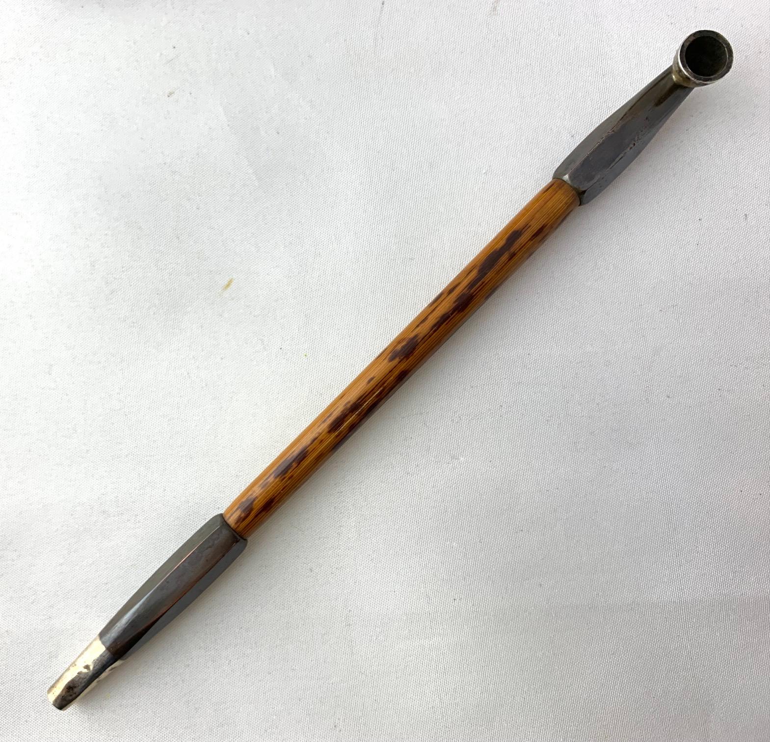 Meiji Japanese 19th Century Tabako Ire Leather Pouch with Pipe, Silver Menuki, Ojime For Sale