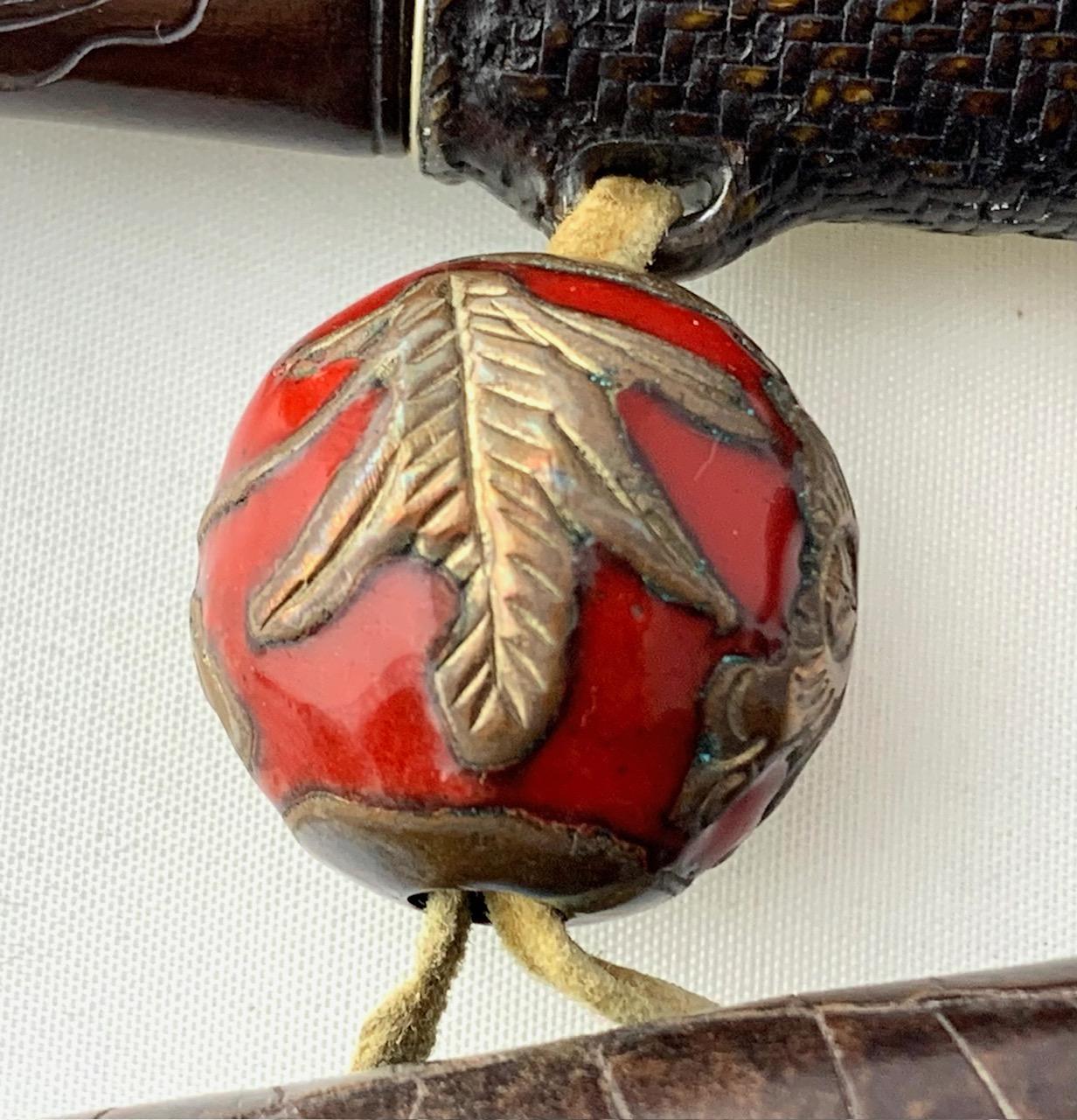 Other Japanese 19th Century Tabako Ire Leather Pouch with Pipe, Silver Menuki, Ojime For Sale