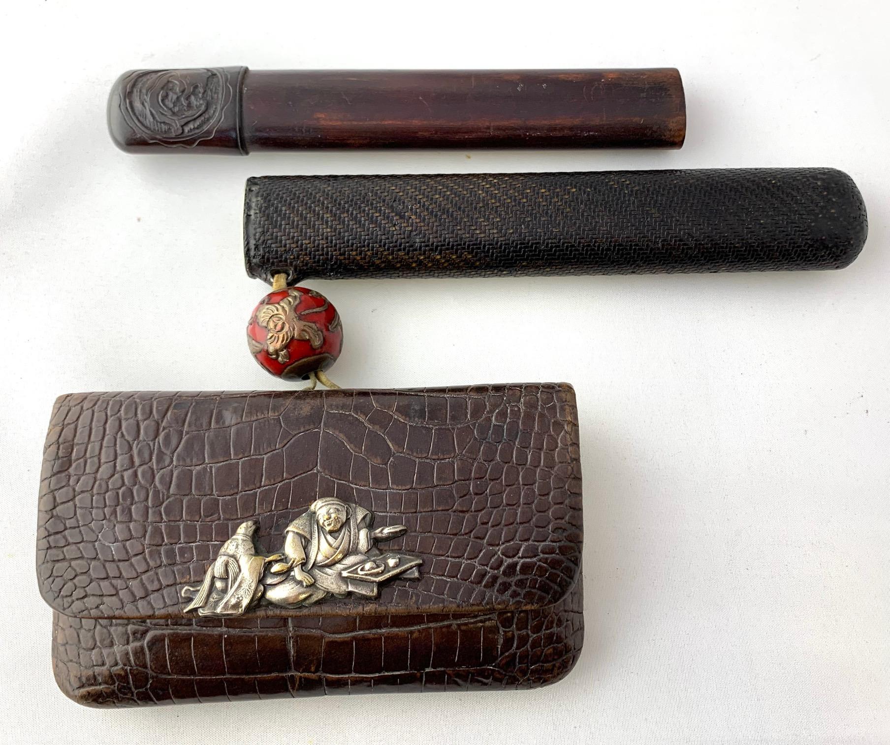 Japanese 19th Century Tabako Ire Leather Pouch with Pipe, Silver Menuki, Ojime In Good Condition For Sale In Point Richmond, CA