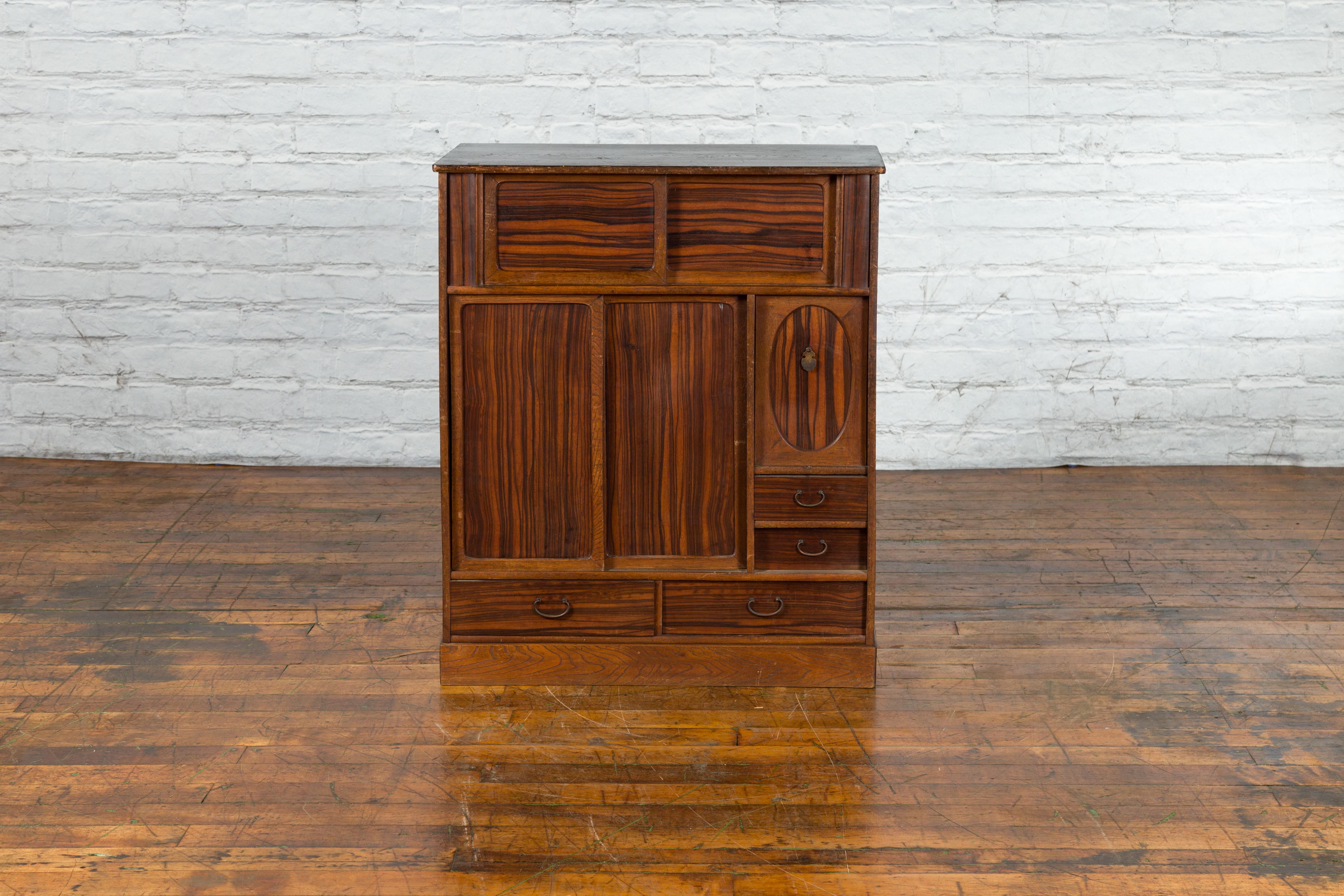 Japanese 19th Century Zebra Wood Cabinet with Sliding Doors, Panel and Drawers For Sale 8
