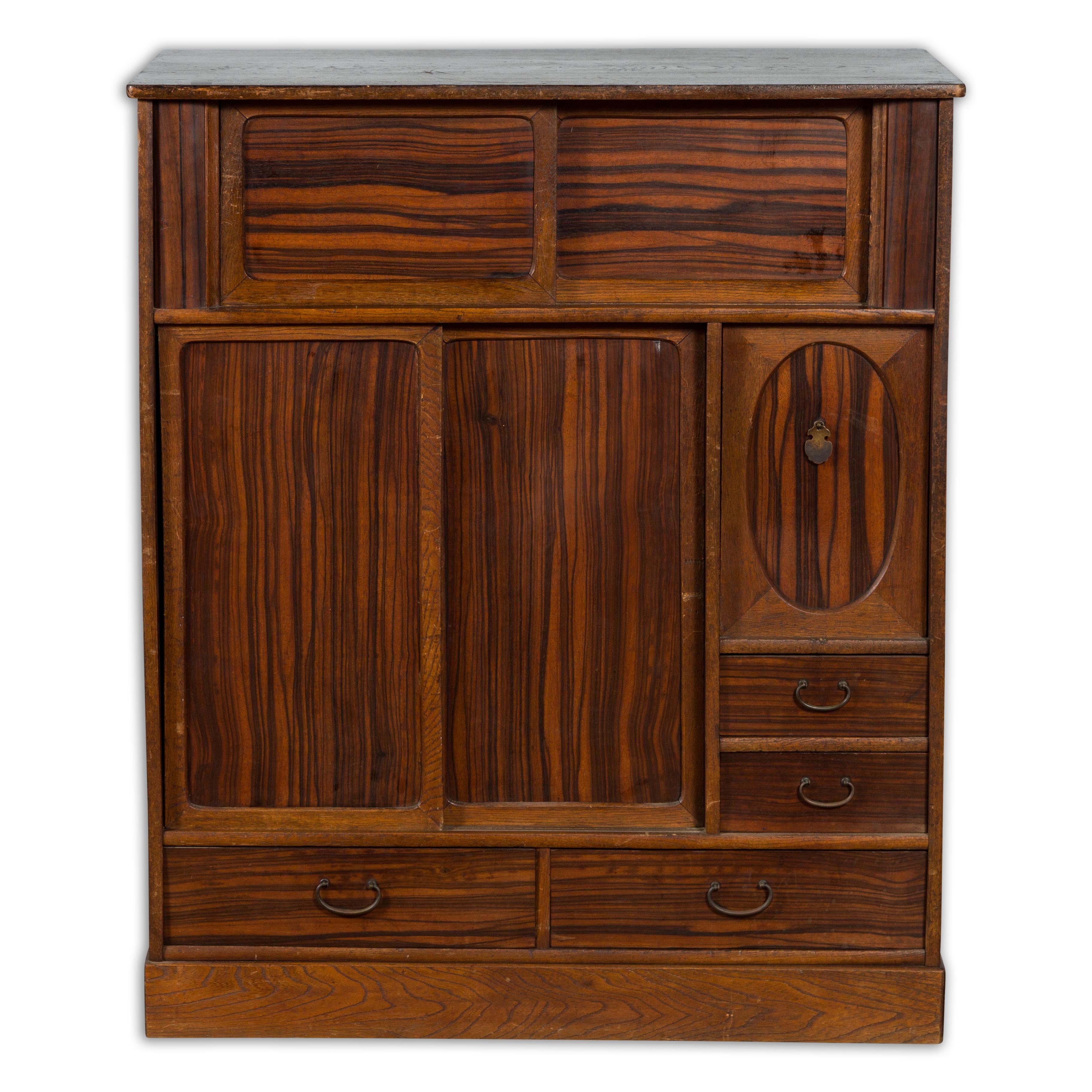 Japanese 19th Century Zebra Wood Cabinet with Sliding Doors, Panel and Drawers For Sale 9