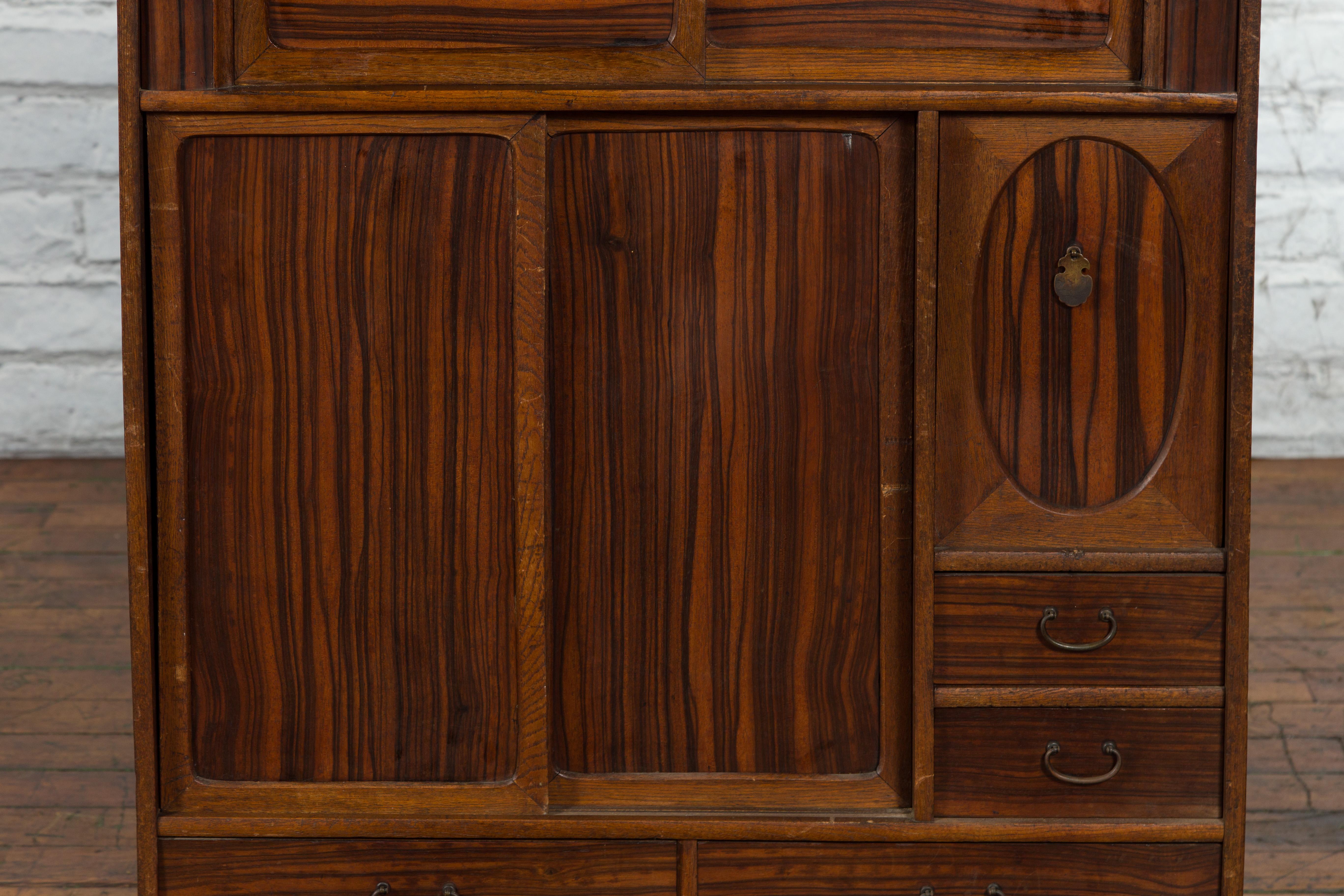 Japanese 19th Century Zebra Wood Cabinet with Sliding Doors, Panel and Drawers For Sale 1