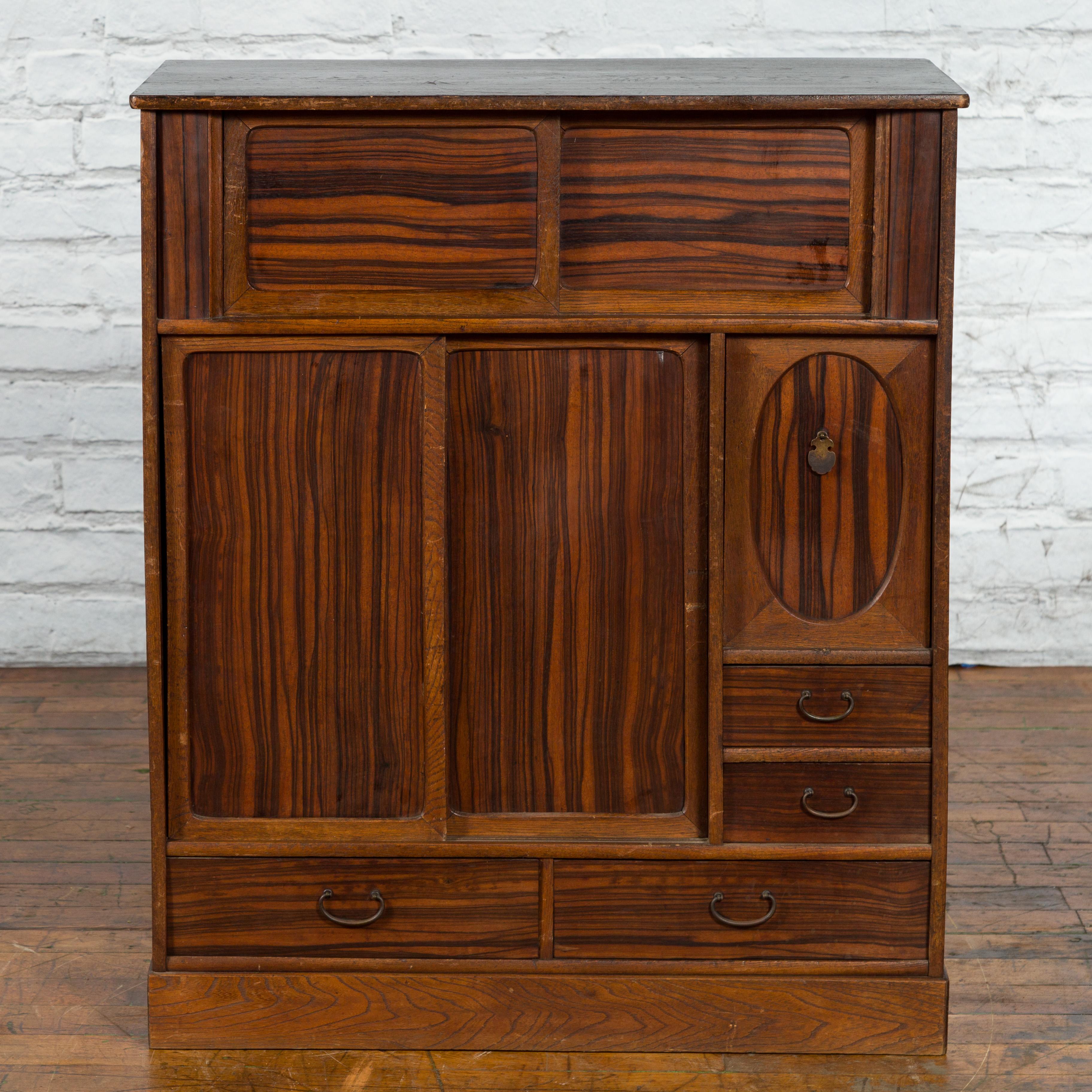 Japanese 19th Century Zebra Wood Cabinet with Sliding Doors, Panel and Drawers For Sale 3